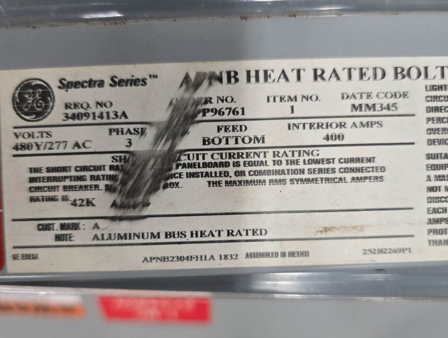 GE APNB Panelboard 400A 480/277V 3PH 4W TPHE277Y20PP Surge Protective Device