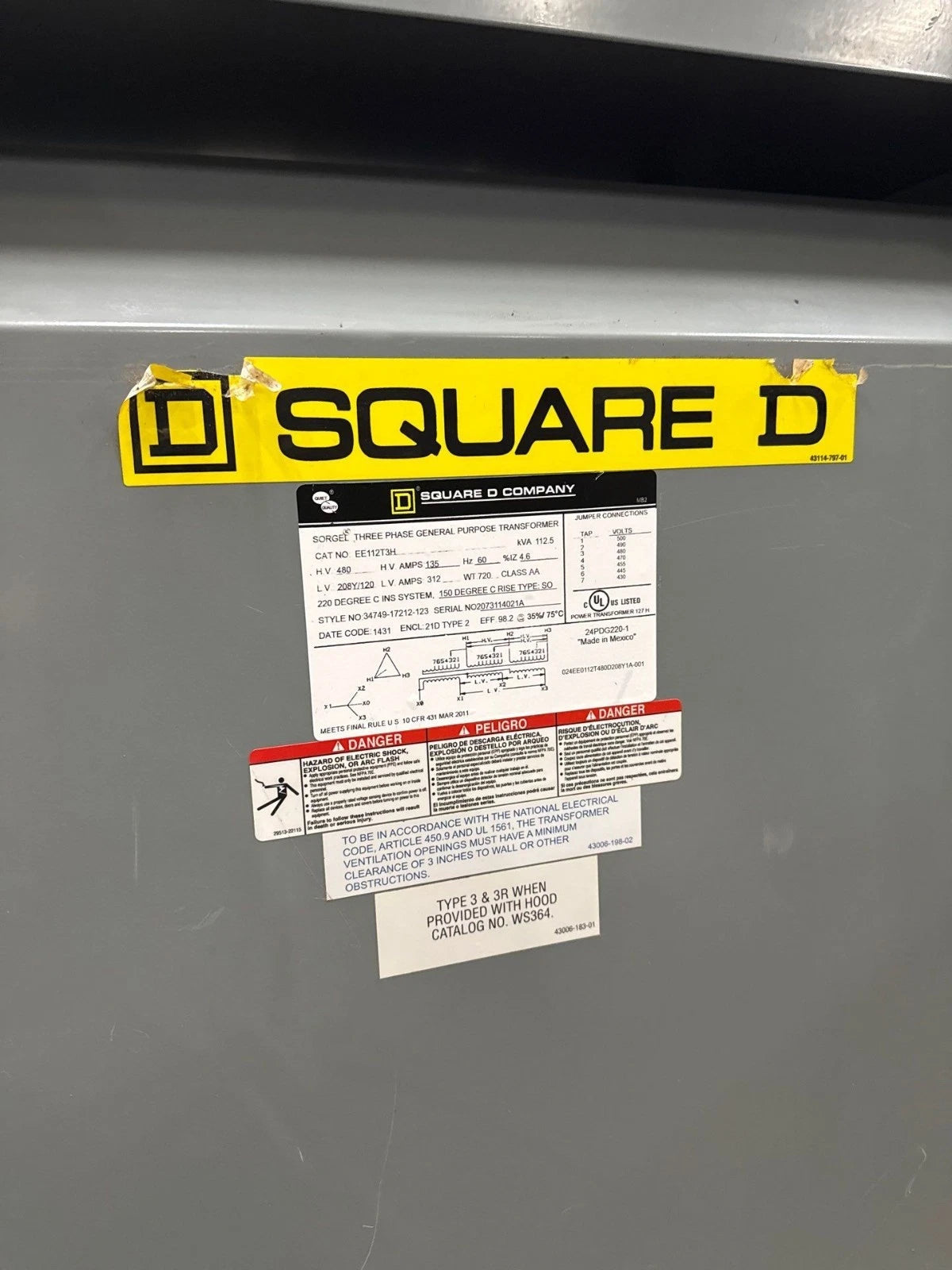 Square D 112.5KVA EE112T3H 3PH Transformer Pri 480V Sec 208Y/120V Indoor T283 Used