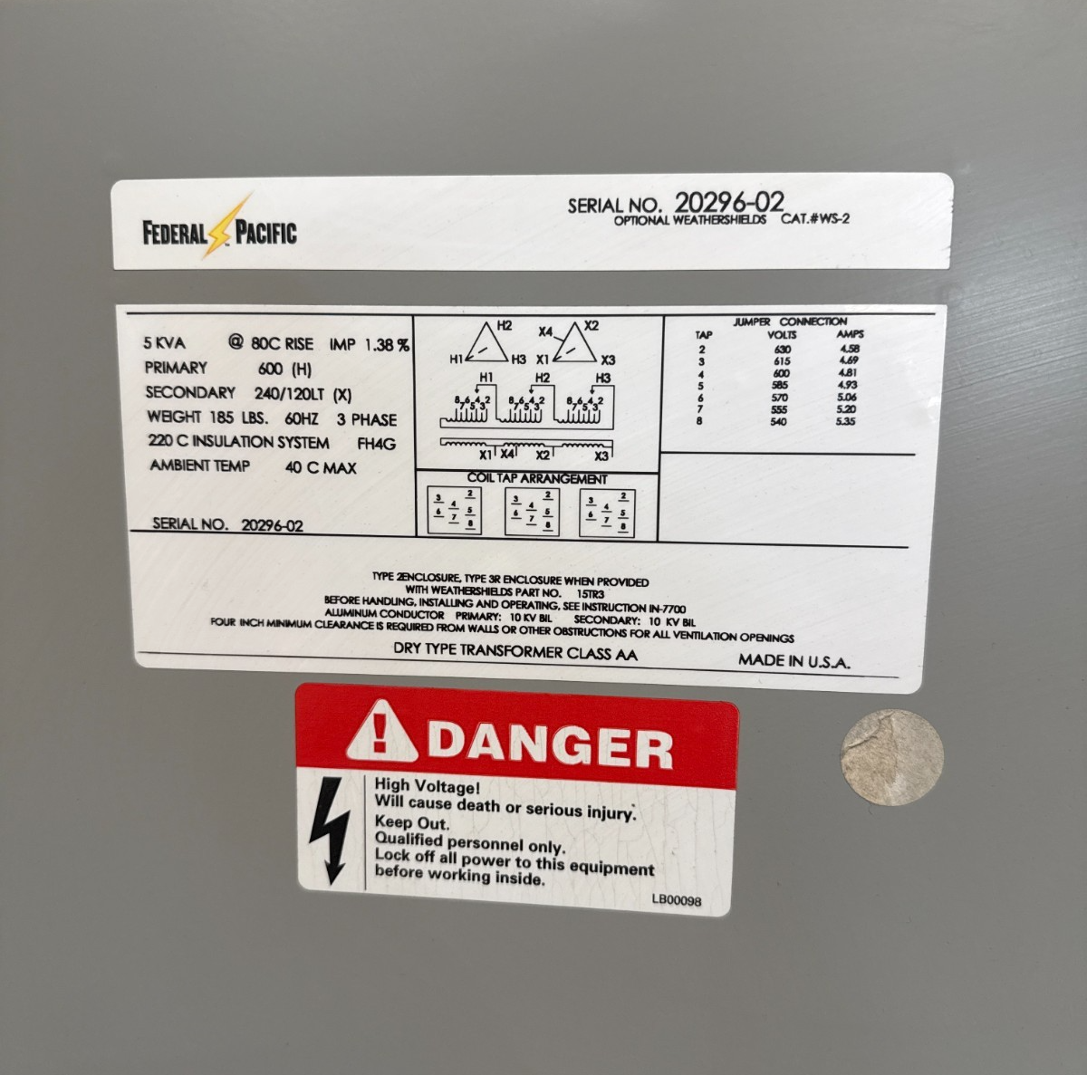 5 KVA Federal Pacific 20296-02 Transformer Pri 600V Sec 240/120V 3PH Indoor Encl New