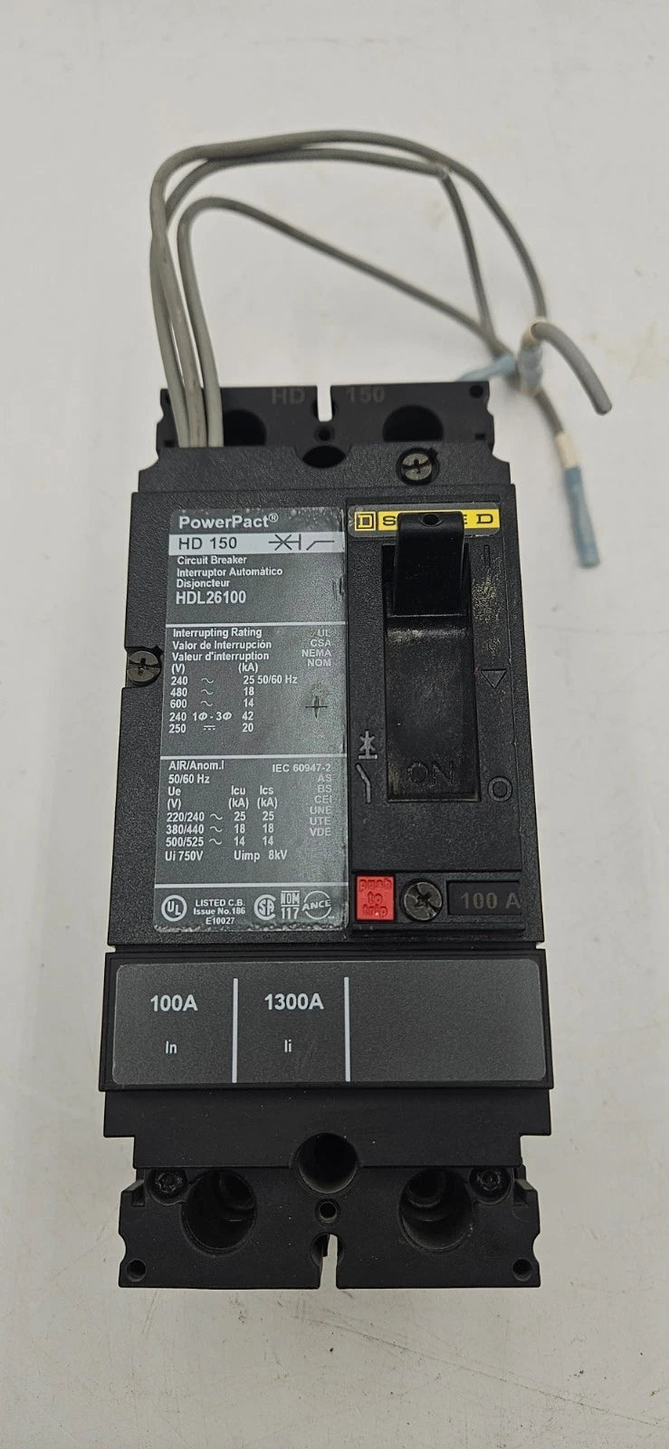Square D HDL26100 Circuit Breaker 100A 2P 600V HDL 100 Amp 2 Pole with AUX USED Used