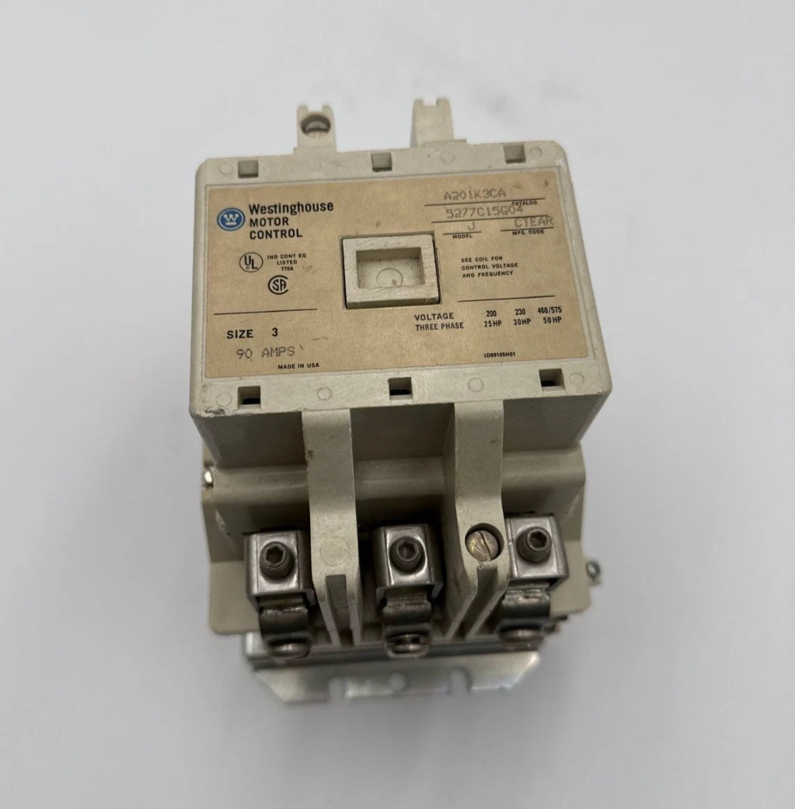 Westinghouse A201K3CA Contactor Size 3 90A 3P 600V 3PH 50HP Coil 110/120V Used