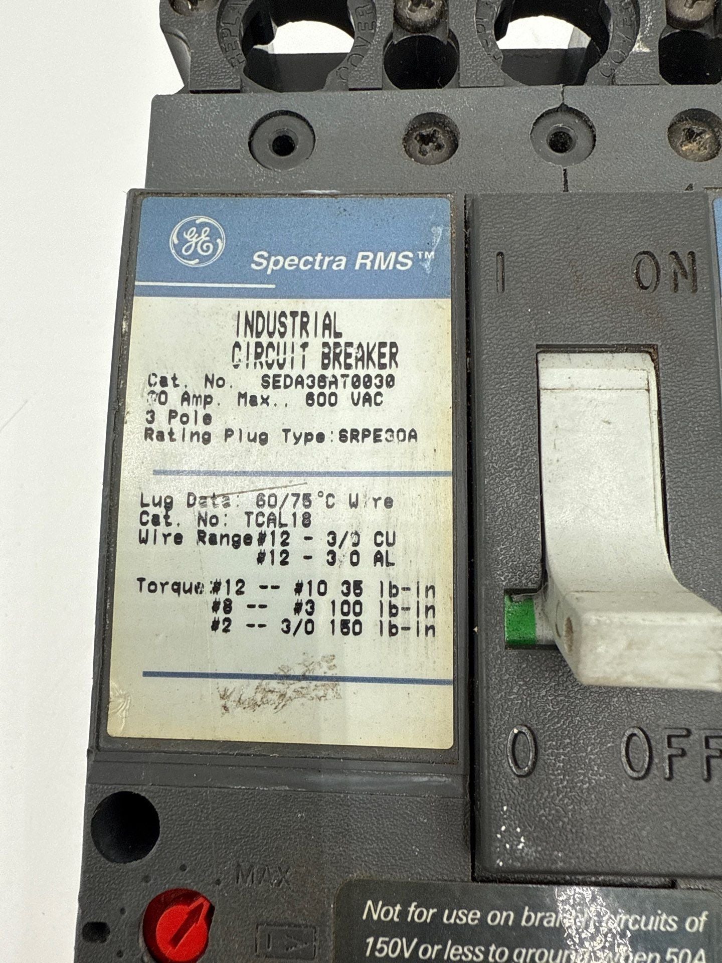 GE SEDA36AT0030 Circuit Breaker 30A 3P 600V Frame 30 Amp 3 Pole NO PLUG Used