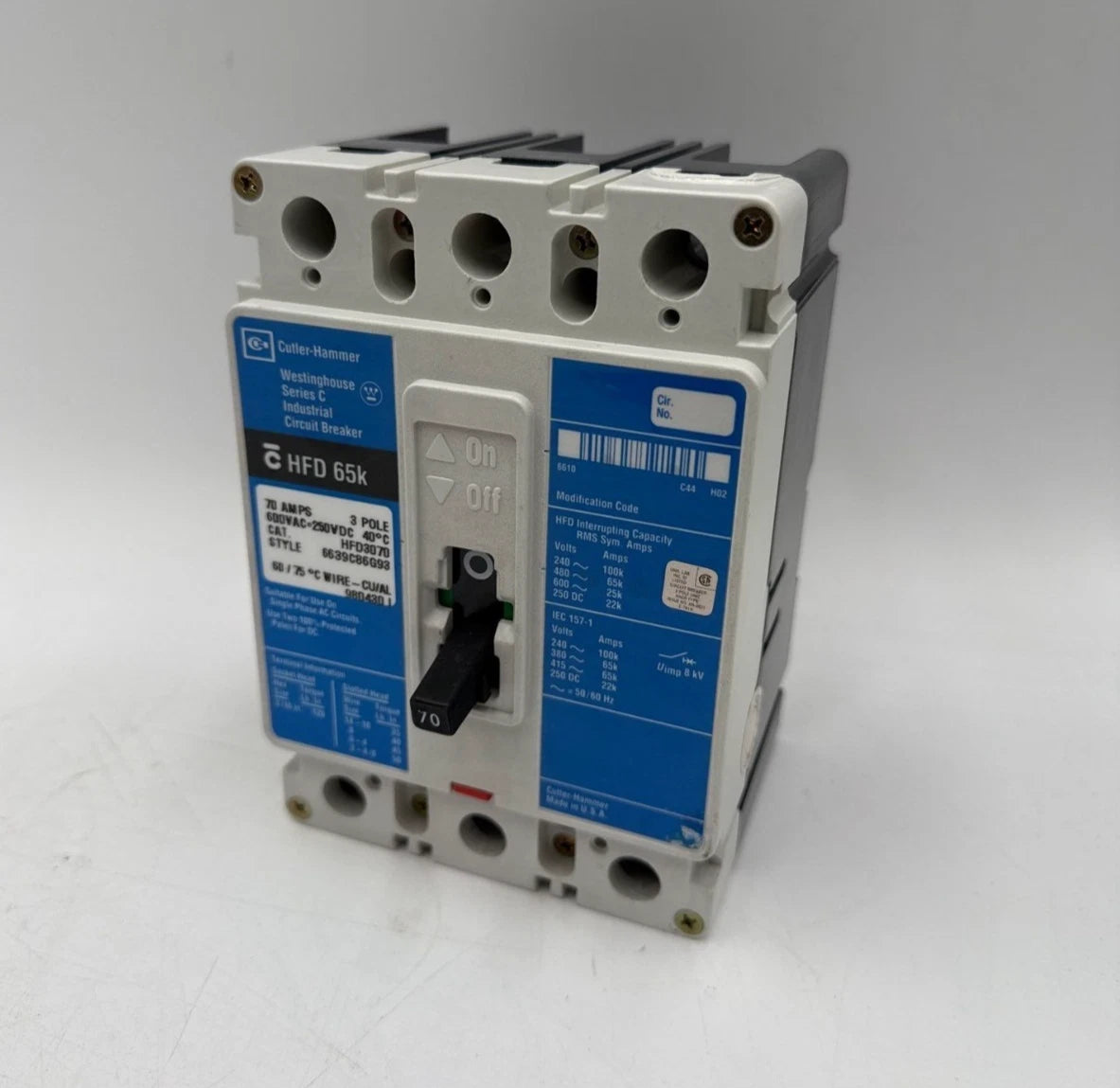 Cutler Hammer HFD3070 Circuit Breaker 70A 3P 600V 3PH 70 Amp 65k 3 Pole 600 Volt Used