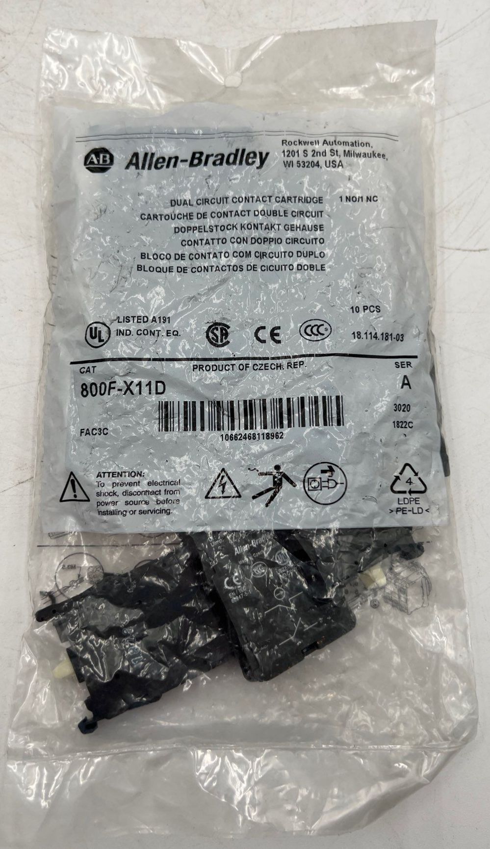 Allen‑Bradley 800F‑X11D 22 mm Contact Block 1 NO/1 NC Screw Dual‑Circuit 10pc New