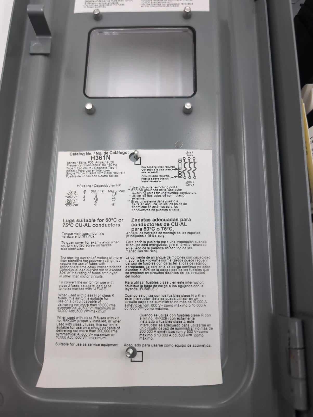 Square D H361N Safety Disconnect Switch 30A 3P 600V Type 1 Enclosure with Window New