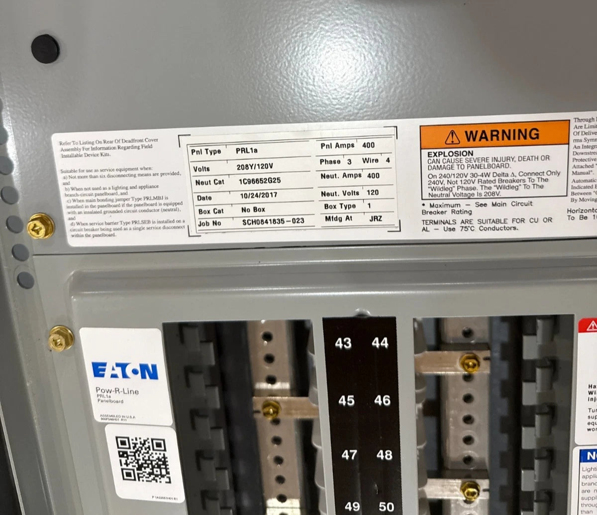 Eaton PRL1A Pow-R-Line Panelboard 400A 208/120V 3PH 4W MLO Panel 400 Amp 42 Cir Used