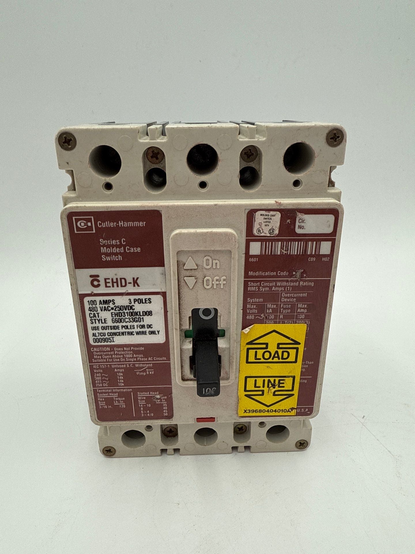 Cutler Hammer EHD3100KLD08 Circuit Breaker 100A 3P 480V EHD-K 100 Amp Used
