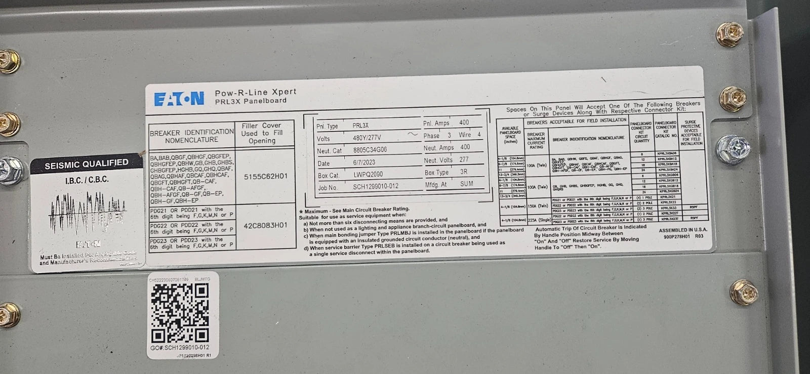 Eaton PRL3X Panelboard 400A 480/277V 3PH 3R Encl MCB Panel KD3400 Subfeed 350A Used
