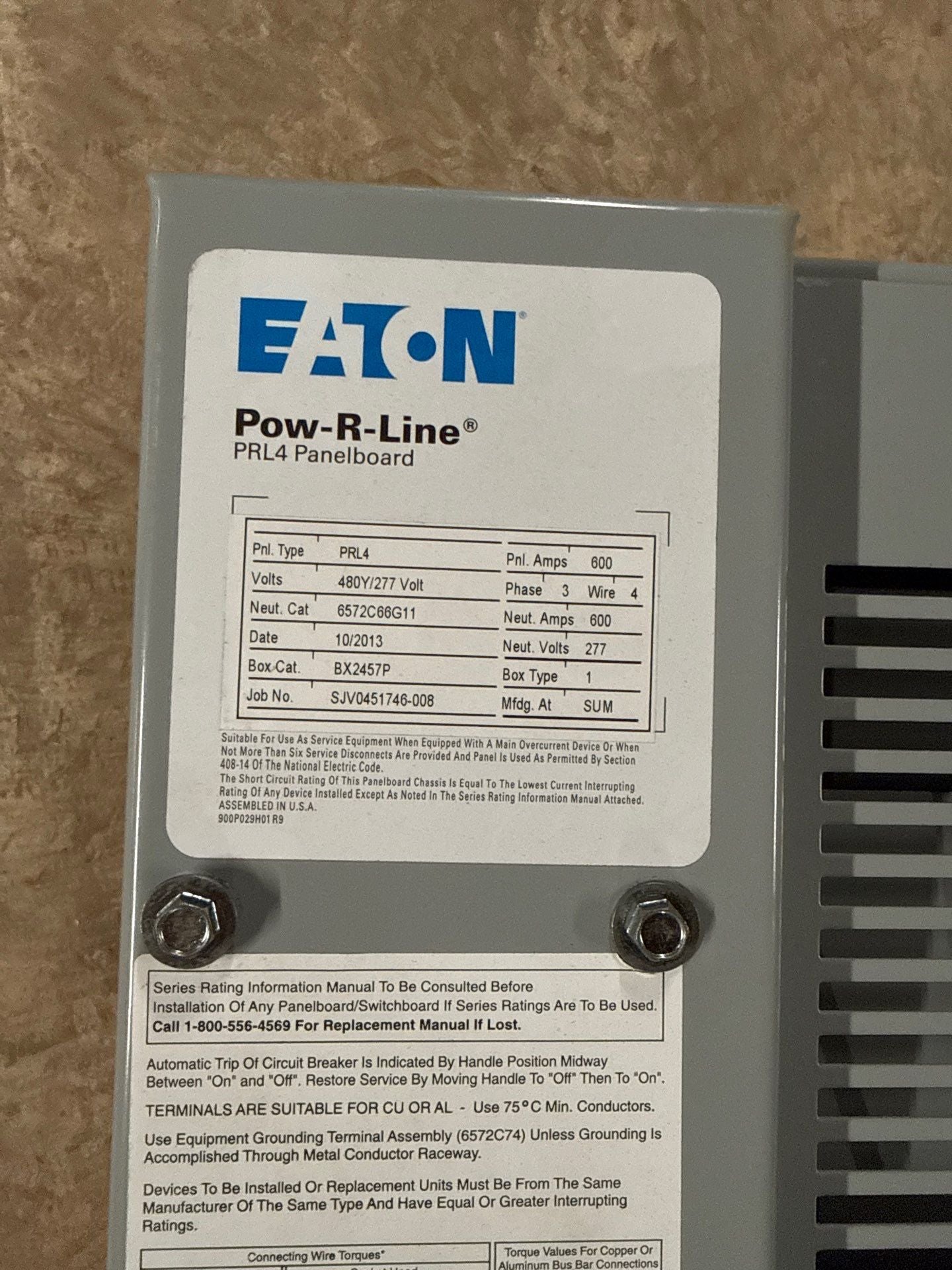 Eaton PRL4 Panelboard 600A 480/277V 3PH 4W MLO Panel 600 Amp 24 Space BX2457P Used