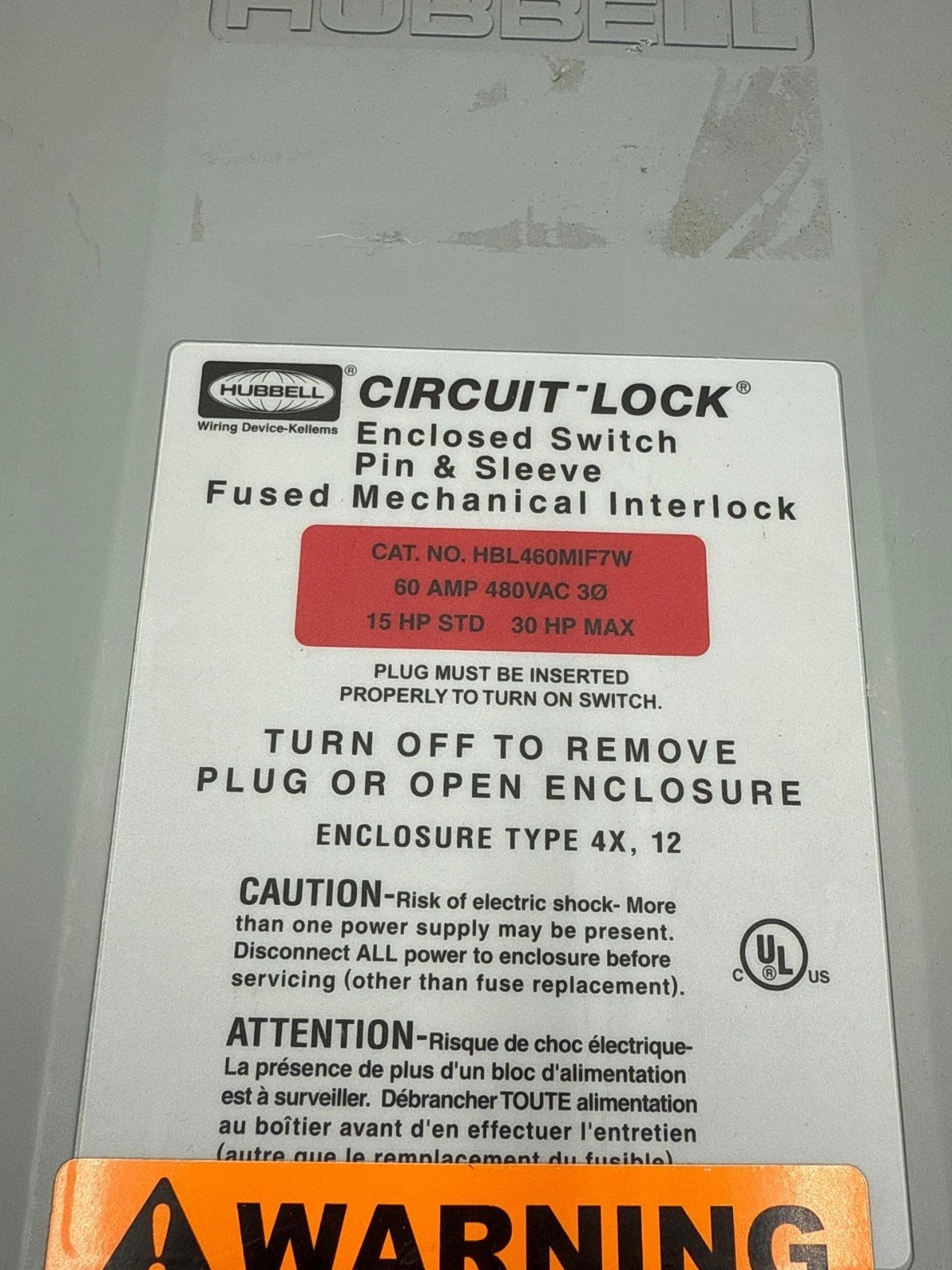 Hubbell HBL460MIF7W Fused Mechanical Interlock 60A 480V 3PH Pin & Sleeve 4 Wire New