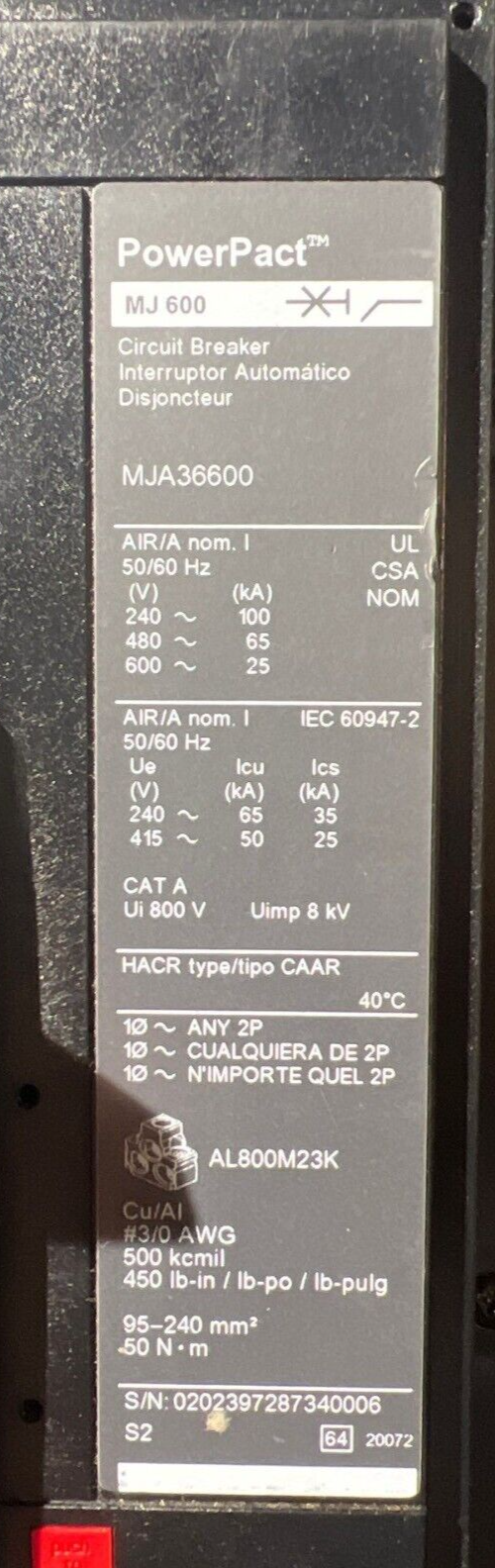 Square D MJA36600 Used