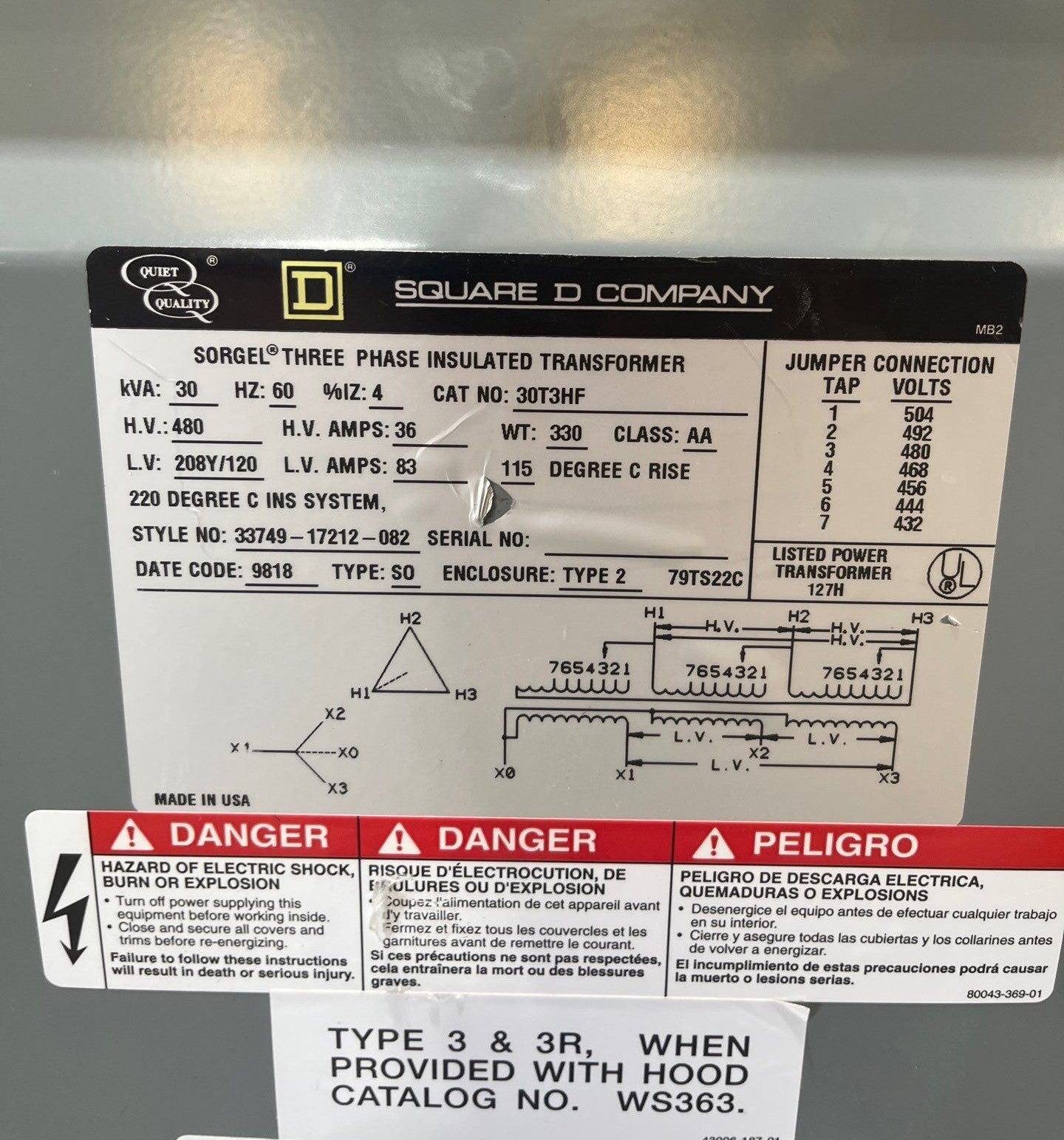 30kVA Square D 30T3HF Sorgel Transformer 3PH Pri 480V Sec 208/120V ST103