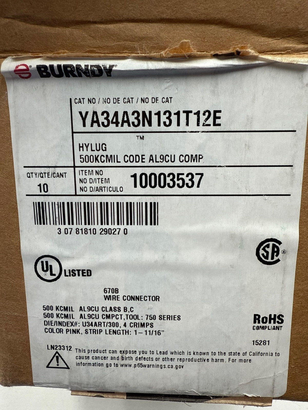 10PC Burndy YA34A3N131T12E Compression Lug 500kcmil 2 Hole 4/0-500 AL9CU New