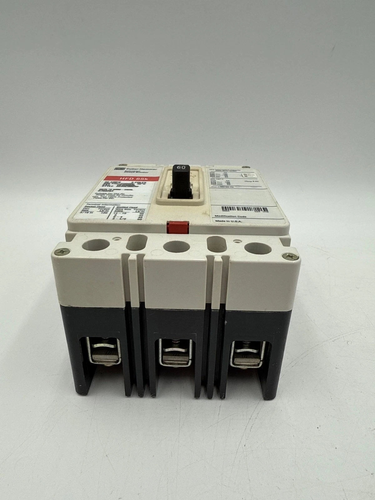 Cutler-Hammer HFD3060L Circuit Breaker 60A 3P 600V HFD 65k 60 Amp 3 Pole Used Used