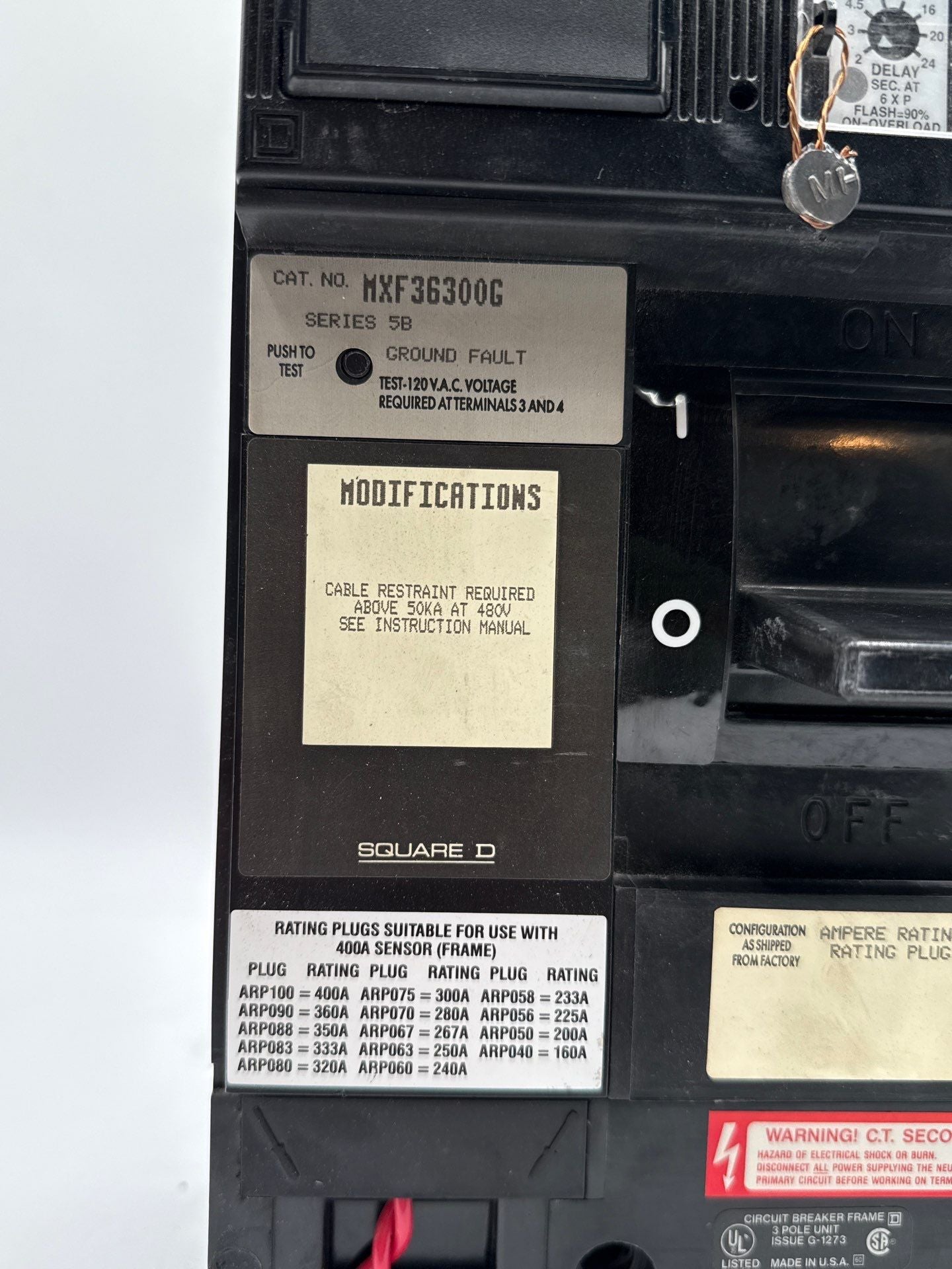 Square D MXF36300G Circuit Breaker 300A 3P 600V MXF 300 Amp Ground Fault LSIG Used