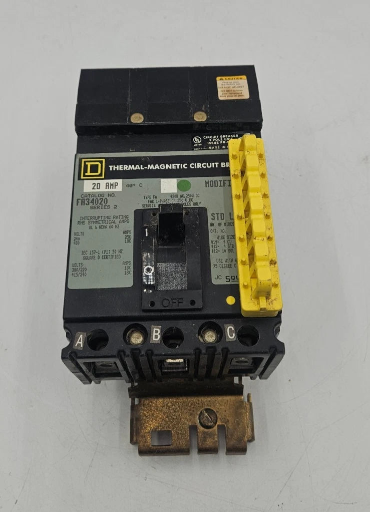 SQUARE D FA34020 I-Line Circuit Breaker 20 Amp 3P 480V 3PH 20A 3 Pole Used Used