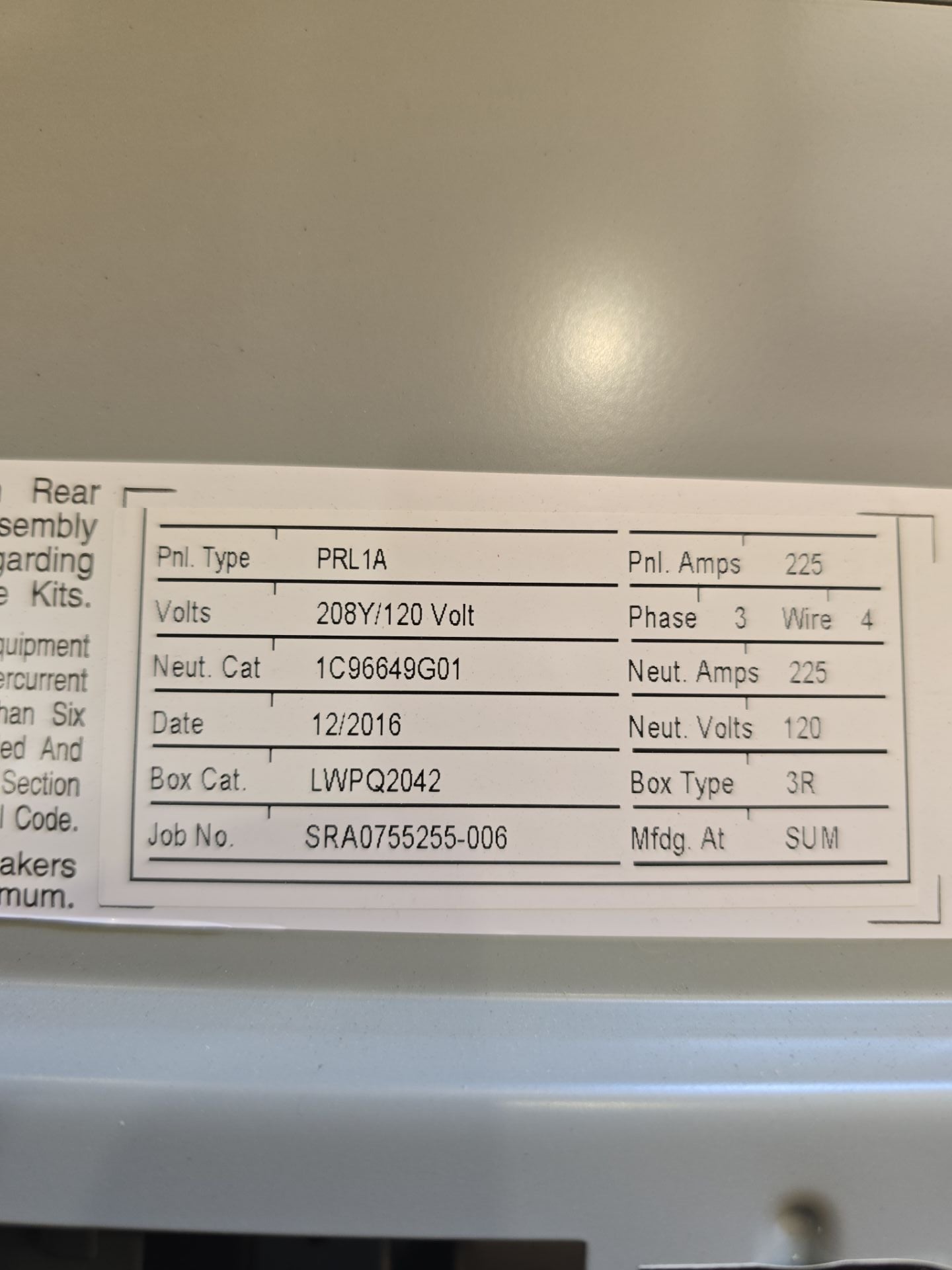 Eaton PRL1A Panelboard 225A 208Y/120V 3PH 4W 42 Space 3R Encl MLO Outdoor Used