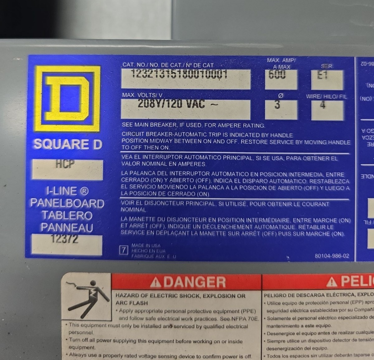 Square D HCP I-Line Panelboard 600A 208/120V 3PH 4W Indoor MLO Panel 600 Amp