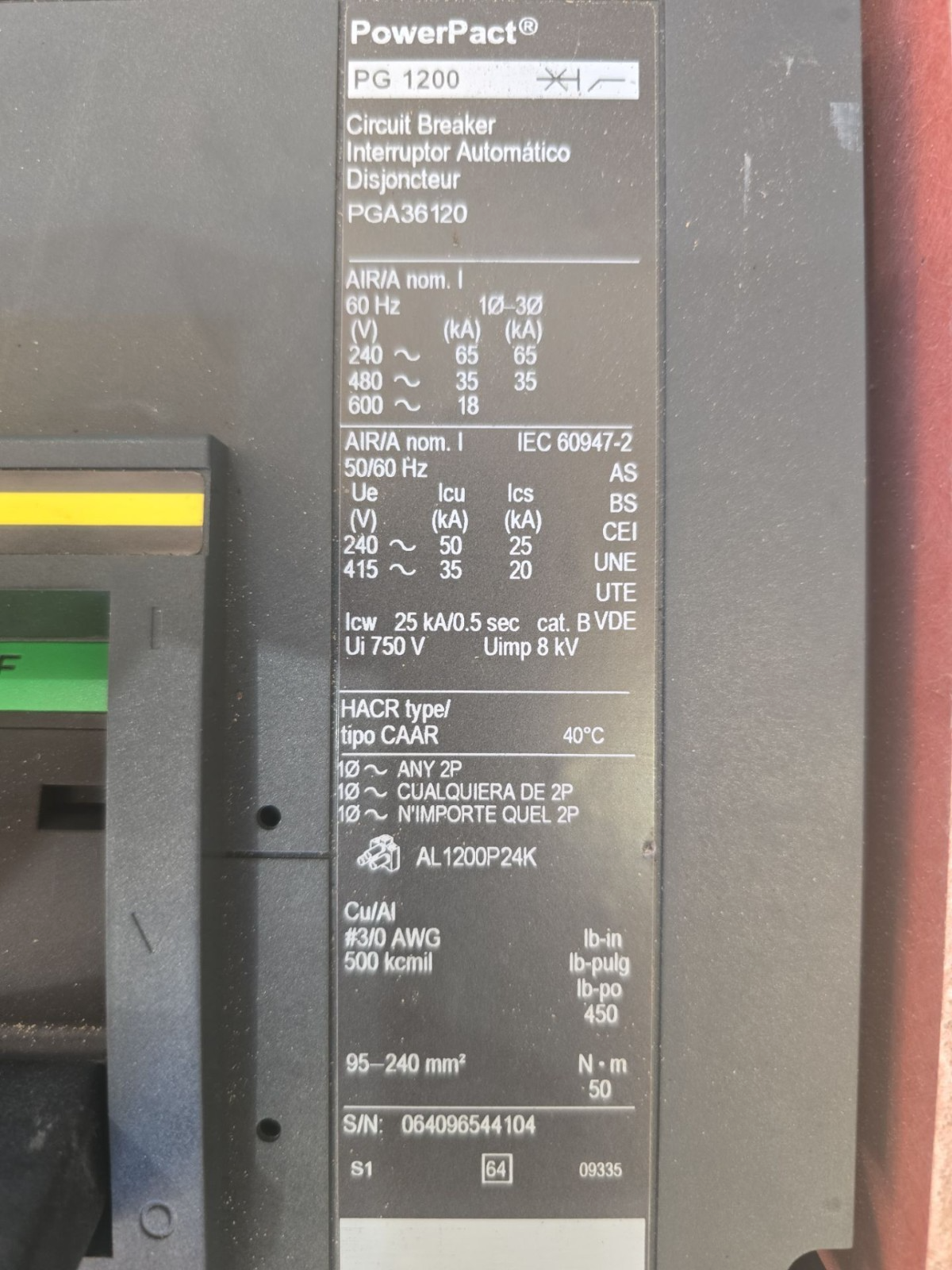 Square D HCRU I-Line Panelboard 1200A 600V MCB Panel 1200 Amp PGA36120 72 Cir 3R