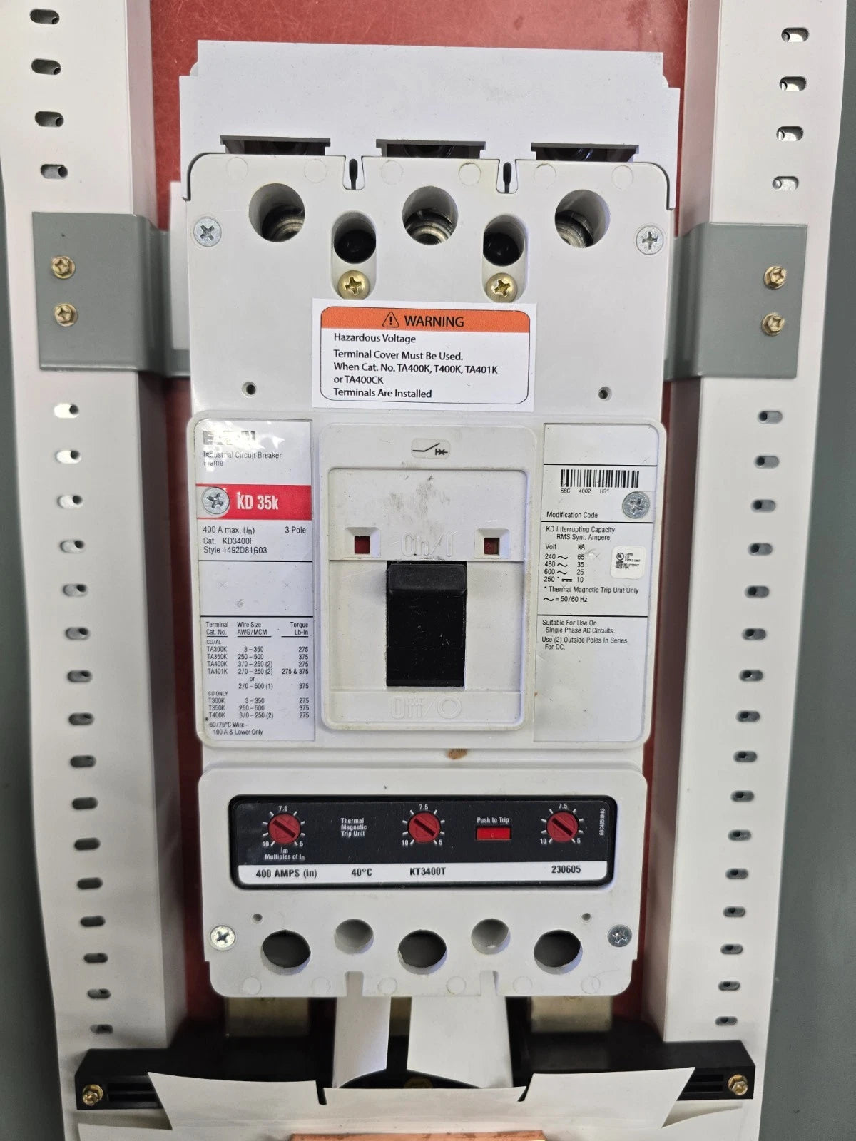 Eaton PRL3X Panelboard 400A 480/277V 3PH MCB Panel KD3400 Subfeed 350A 3R Encl Used