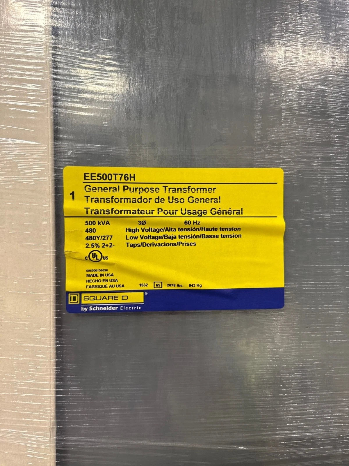 500KVA Square D EE500T76H Transformer Pri 480V Sec 480/277V 3PH Indoor Encl New