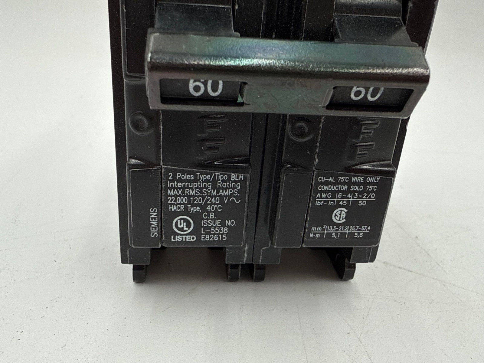 Siemens B260H Bolt On Circuit Breaker 60A 2P 120/240V 1PH 22kA BLH 60 Amp 2 Pole Used