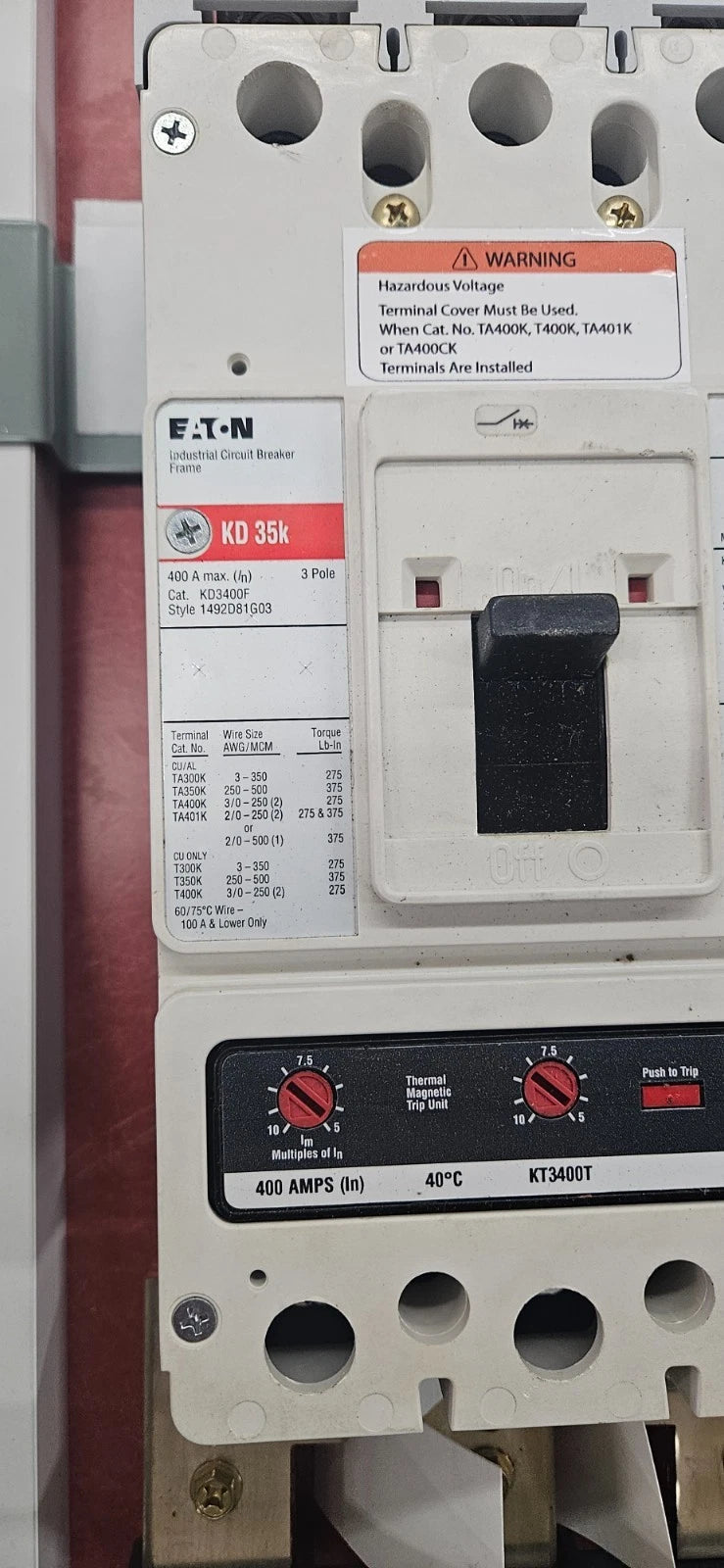 Eaton PRL3X Panelboard 400A 480/277V 3PH 3R Encl MCB Panel KD3400 Subfeed 350A Used