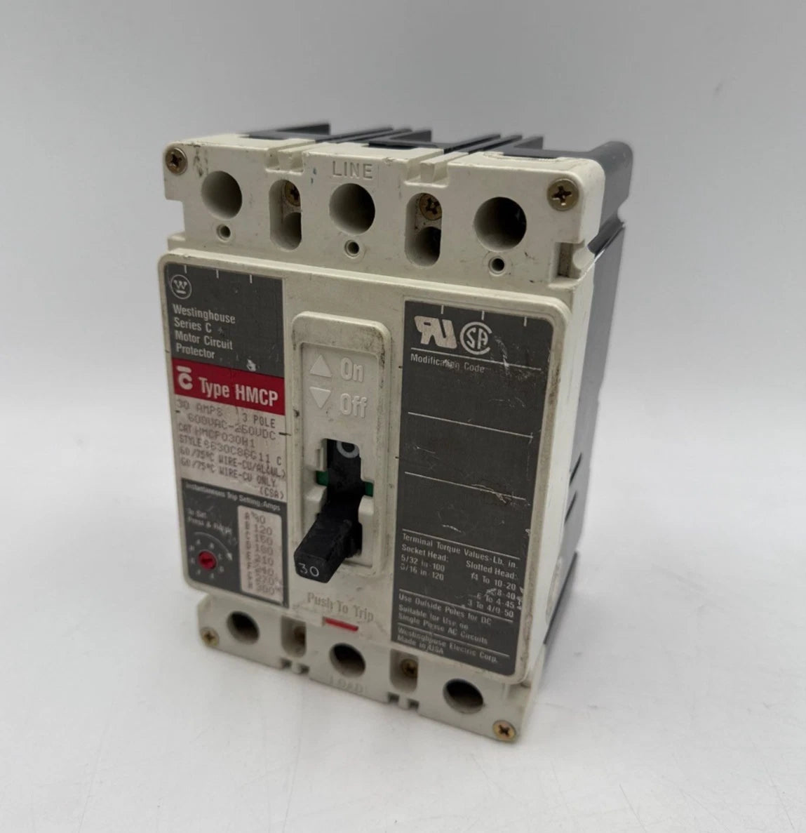 Westinghouse HMCP030H1 Circuit Breaker 30A 3P 600V 3PH HMCP 30 Amp 3 Pole Used