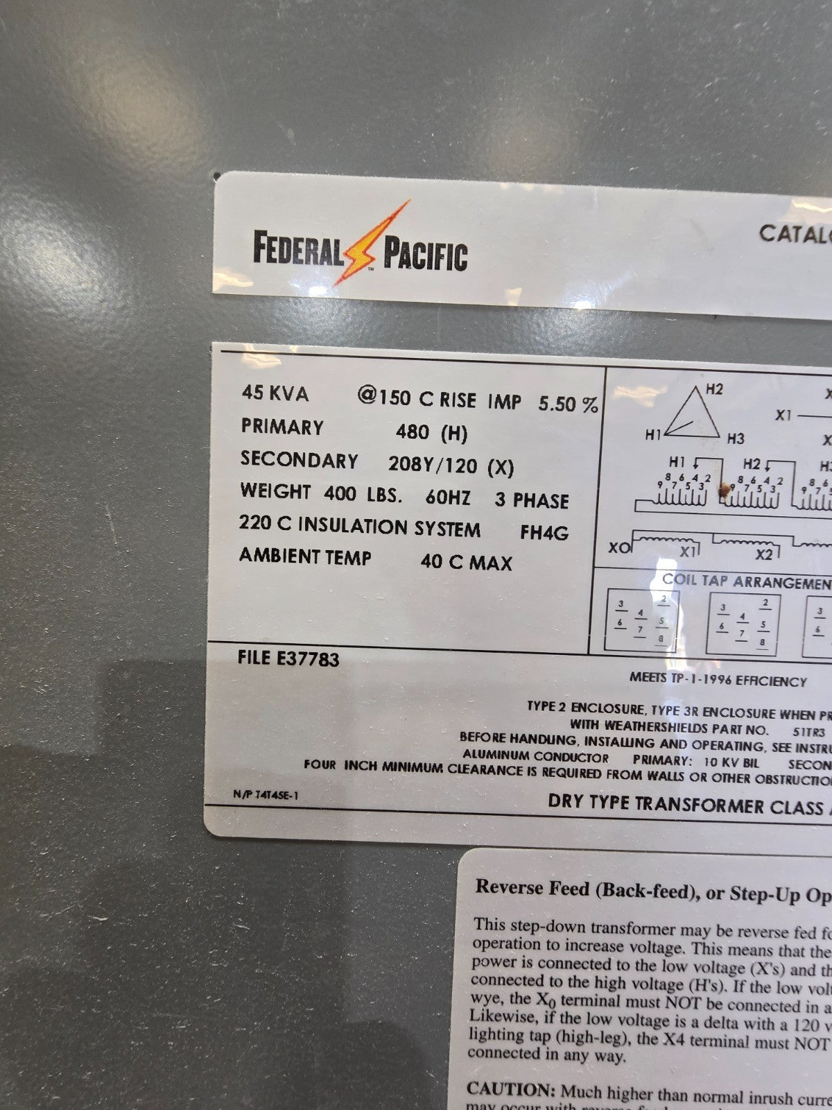 45KVA Federal Pacific T4T45E Transformer Pri 480V Sec 208/120V 3PH Indoor Encl Used