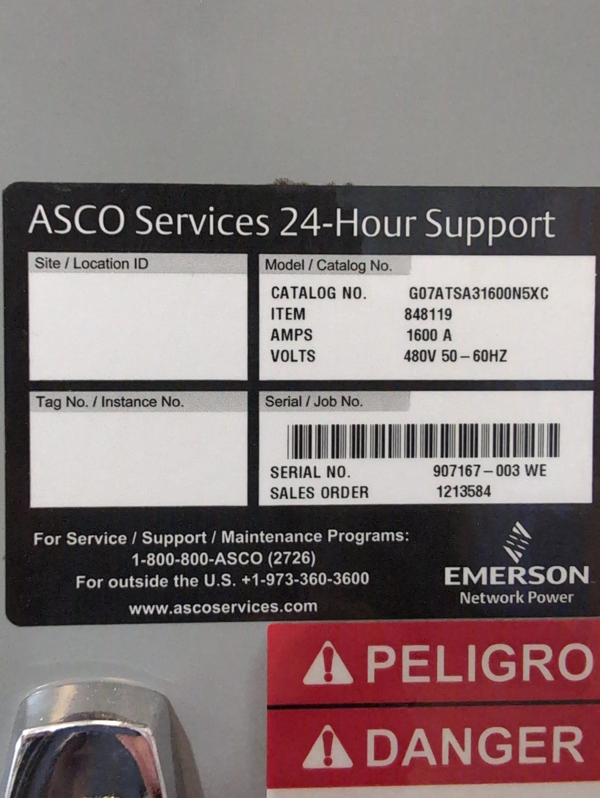 ASCO 7000 Series Automatic Transfer Switch 1600 Amp 480V 3PH G07ATSA31600N5XC Used