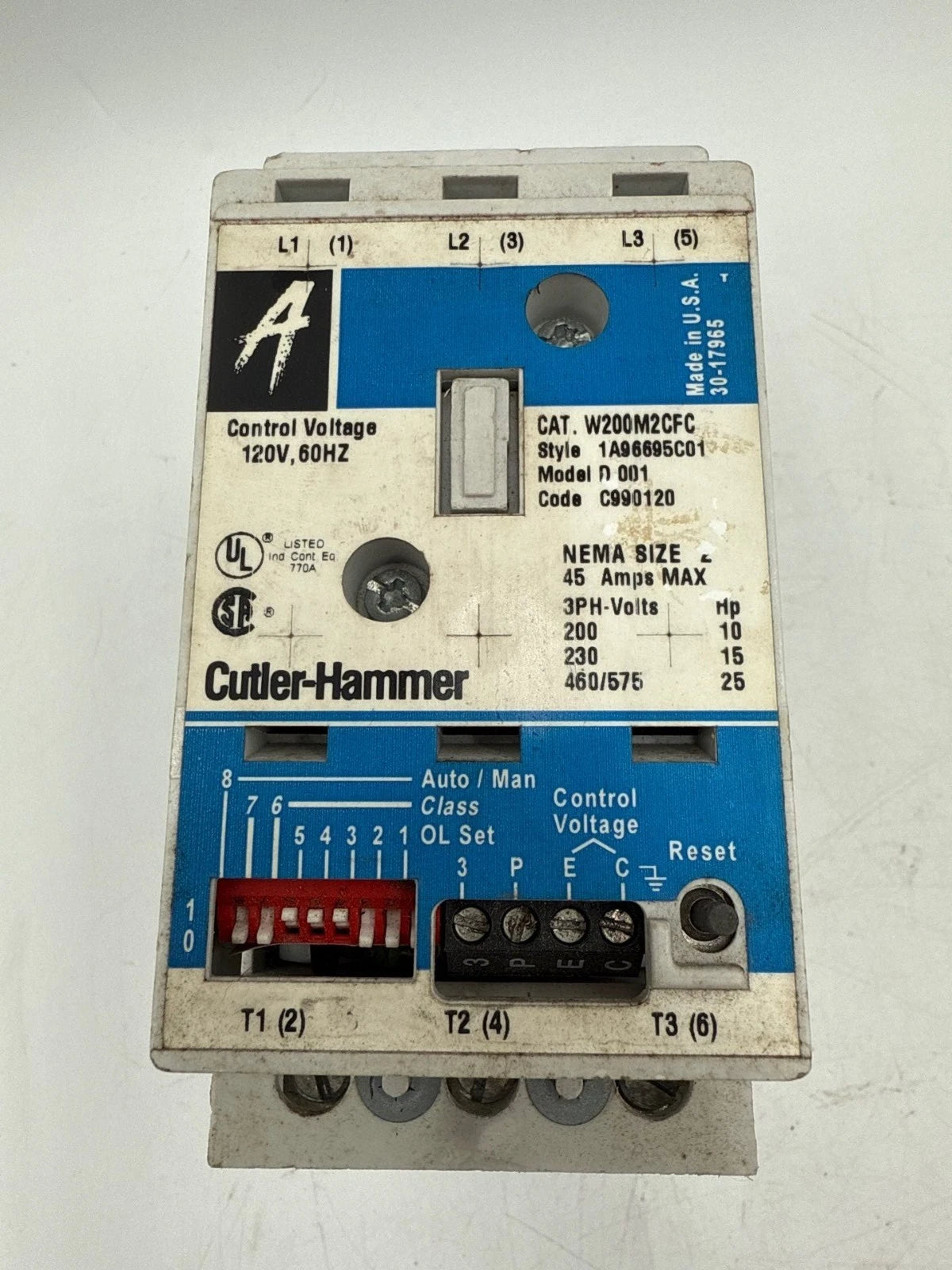 Cutler Hammer W200M2CFC Motor Starter NEMA Size 2 45A 3P 600V 3PH Control 120V Used