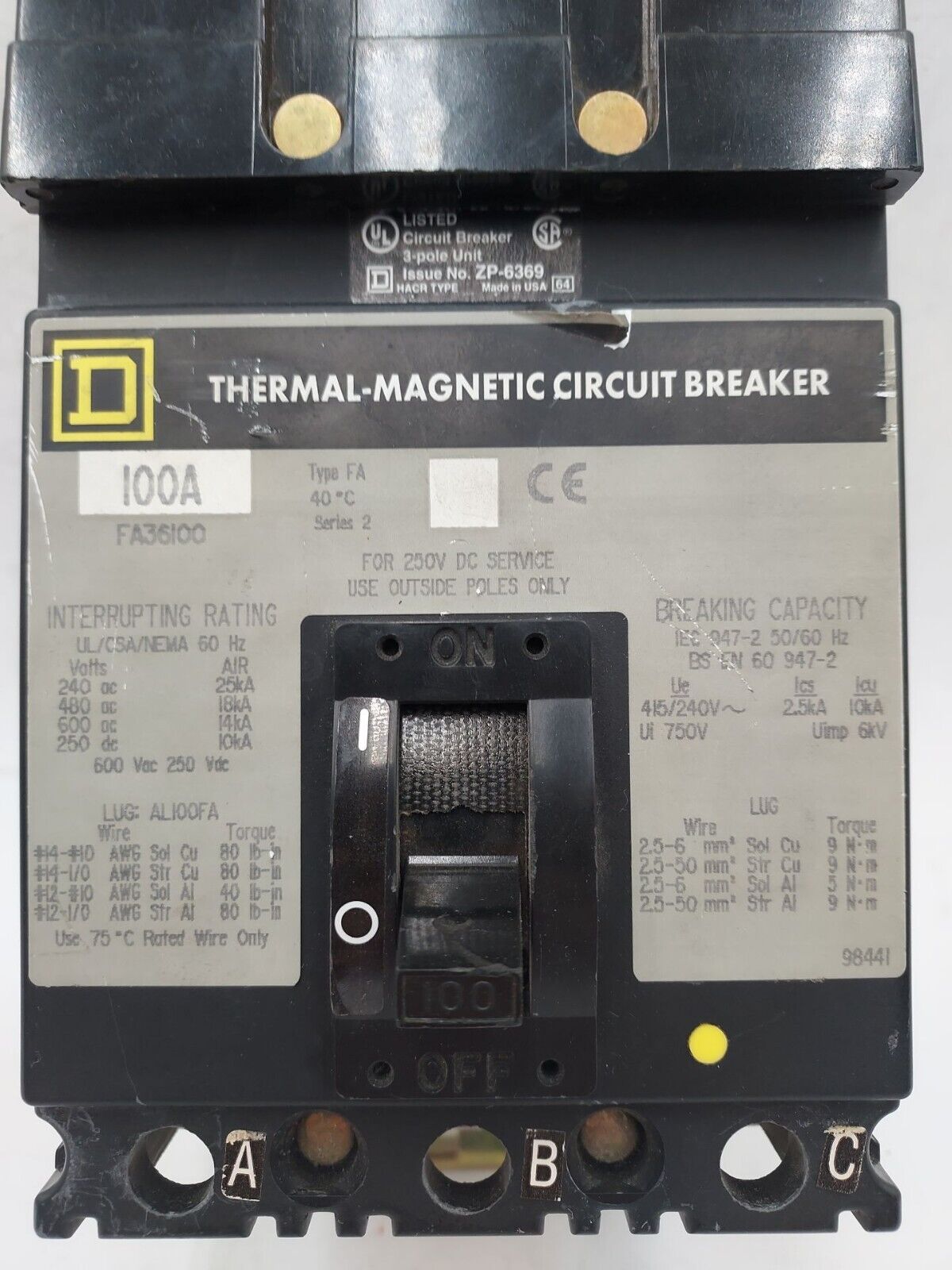 Square D FA36100 Used