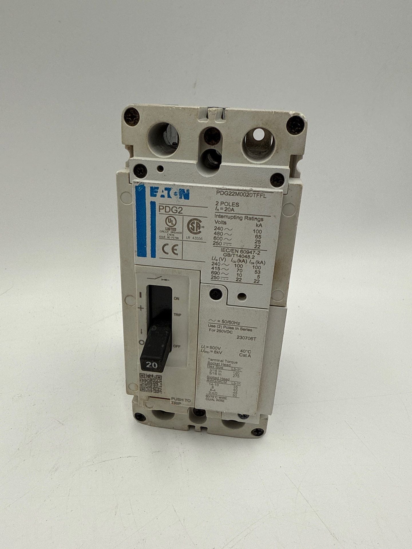 Eaton PDG22M0020TFFL Circuit Breaker 20A 600V 2P Bolt On 20 Amp 2 Pole PDG2 Used