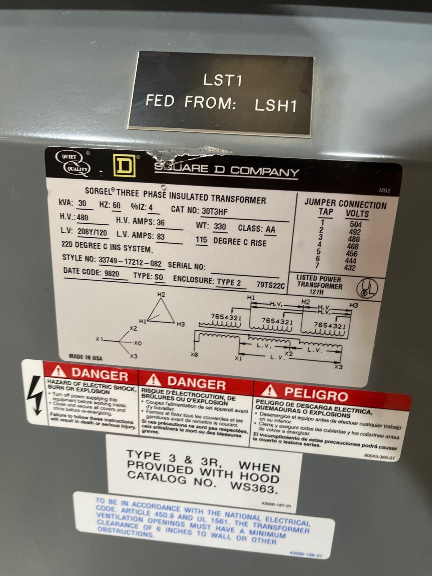 30kVA Square D 30T3HF Sorgel Transformer 3PH Pri 480V Sec 208/120V ST102