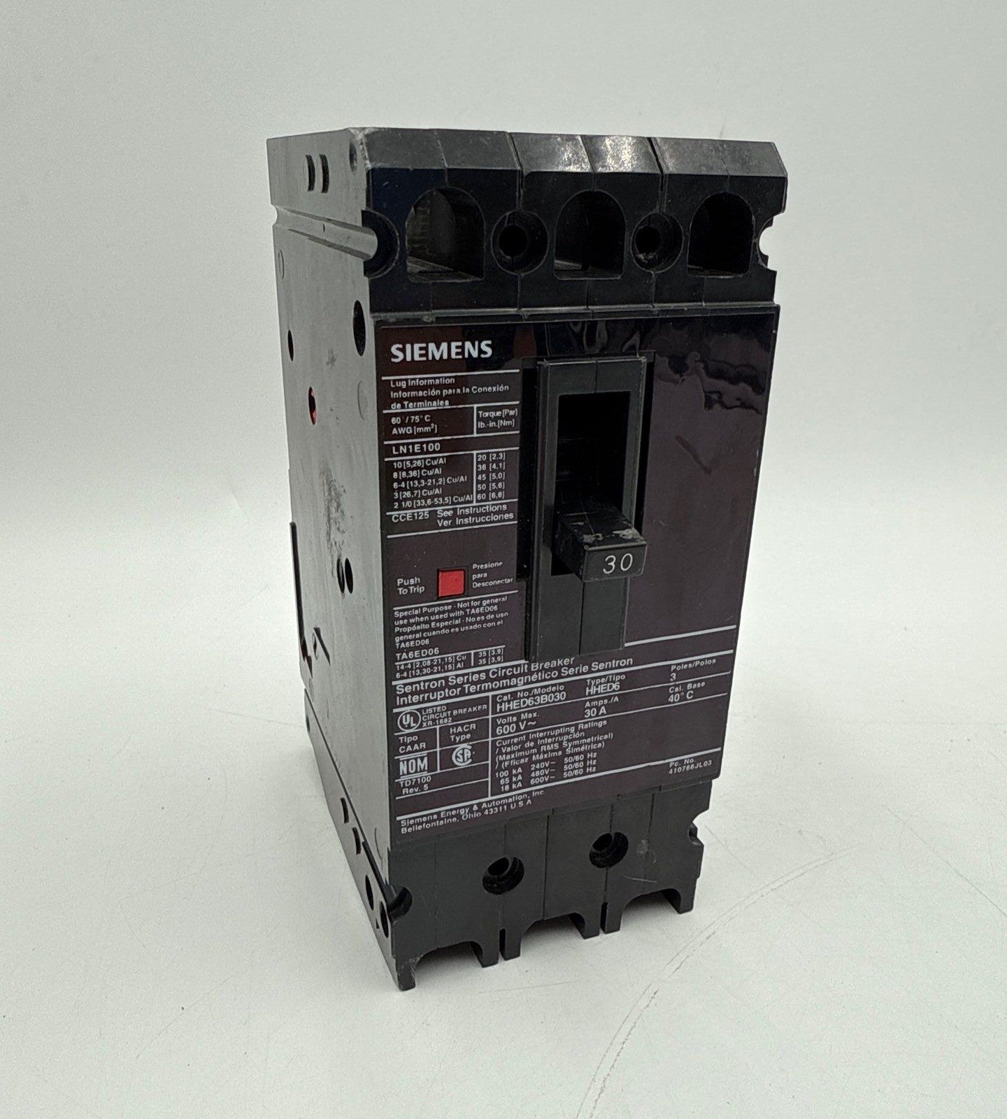 Siemens HHED63B030 Circuit Breaker 30A 3P 600V HHED Bolt On 30 Amp 3 Pole Used