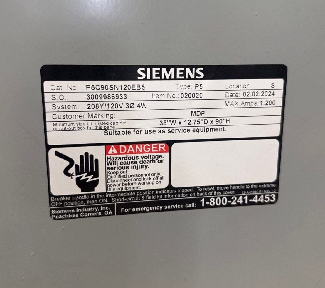 Siemens P5 Panelboard 1200A 208/120V 3PH 4W P5C90SN120EBS SHND6A120LSI 1200 Amp