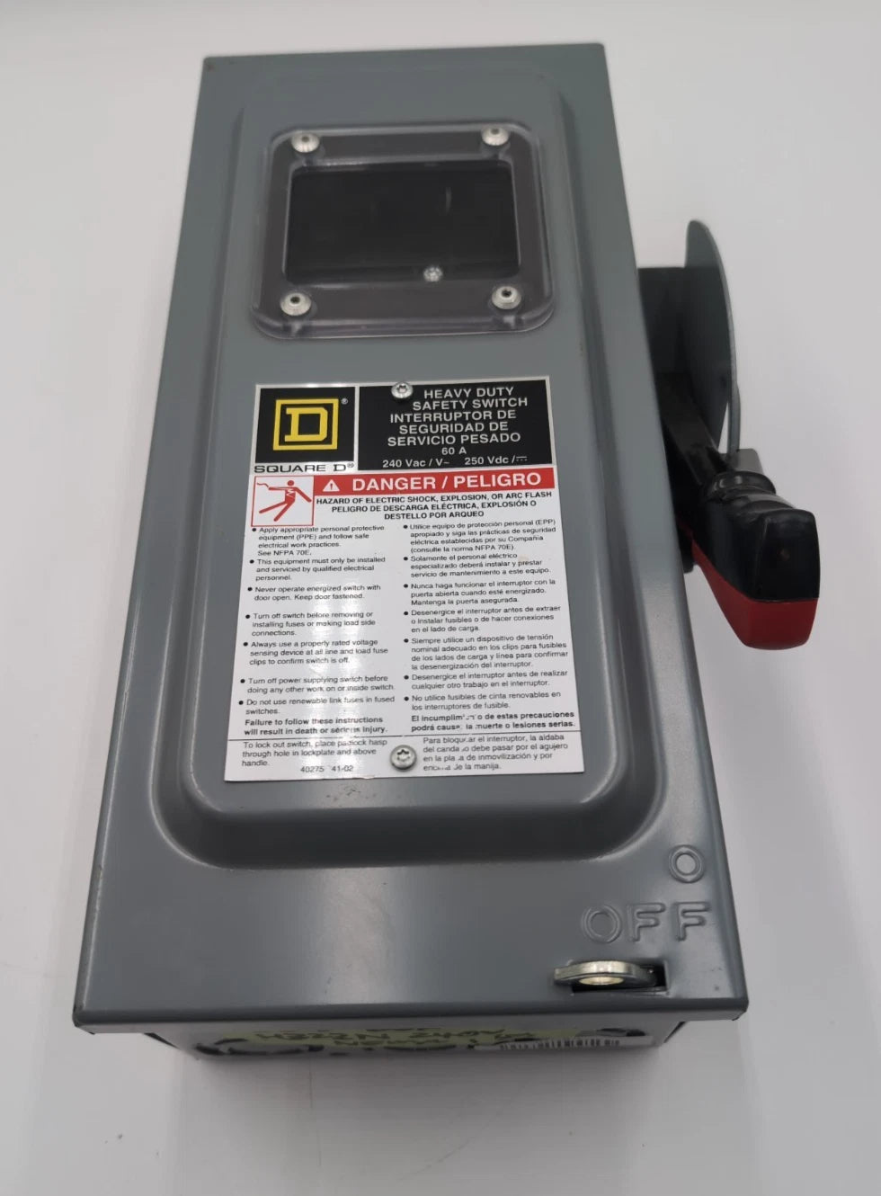 Square D H322N Safety Disconnect Switch 60A 3P 240V 15HP 60 Amp 3 Pole Window Used