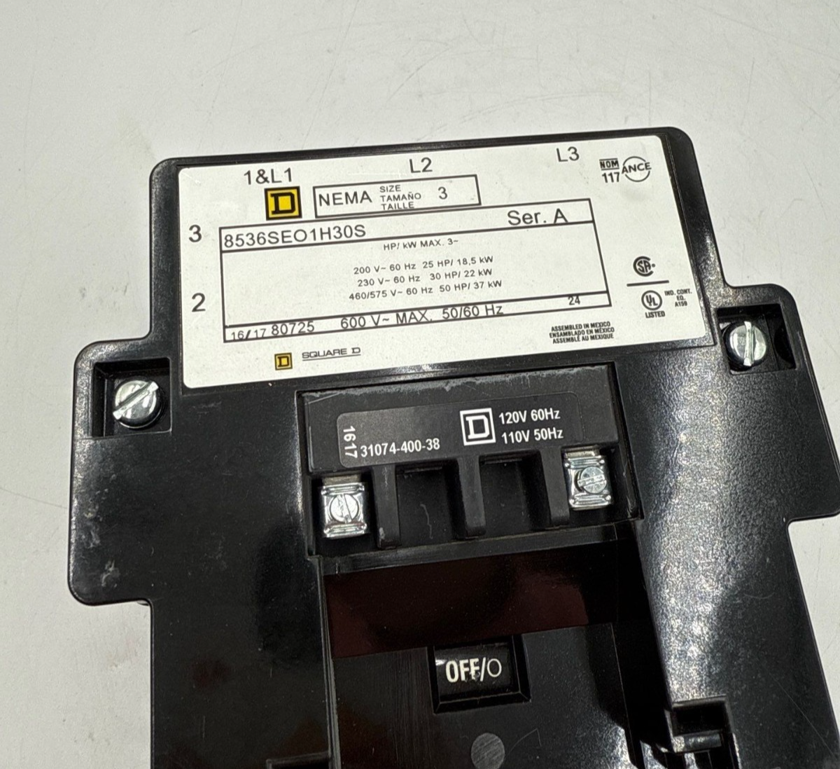 Square D 8536SEO1H30S Starter NEMA Size 3 600V 50HP Max Coil 11/120V 9065ST320 Used