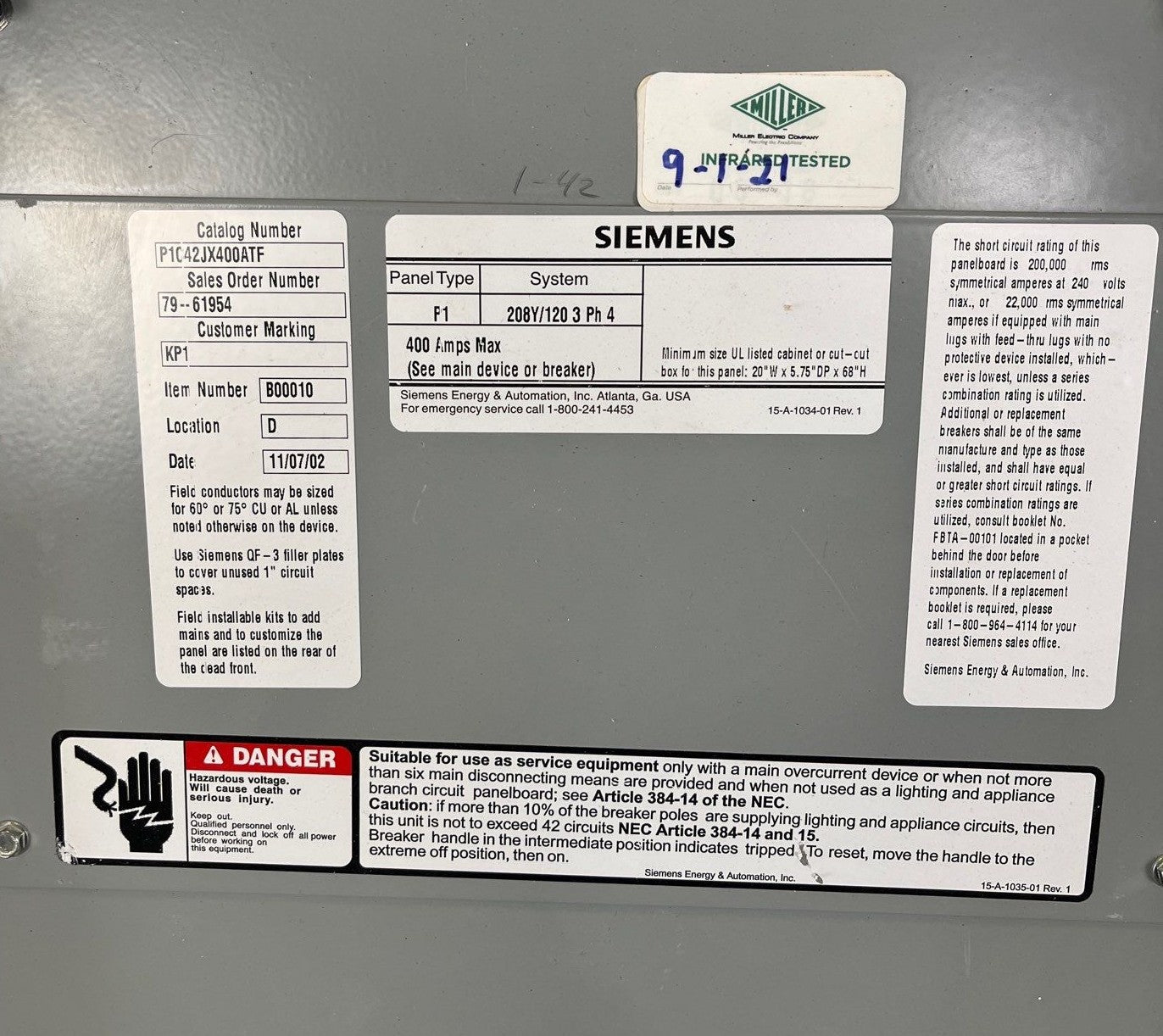 Siemens P1C42JX400ATF P1 Panelboard 400A 208/120V 3PH 4W 42 Circuit MCB Indoor Encl B68 Used