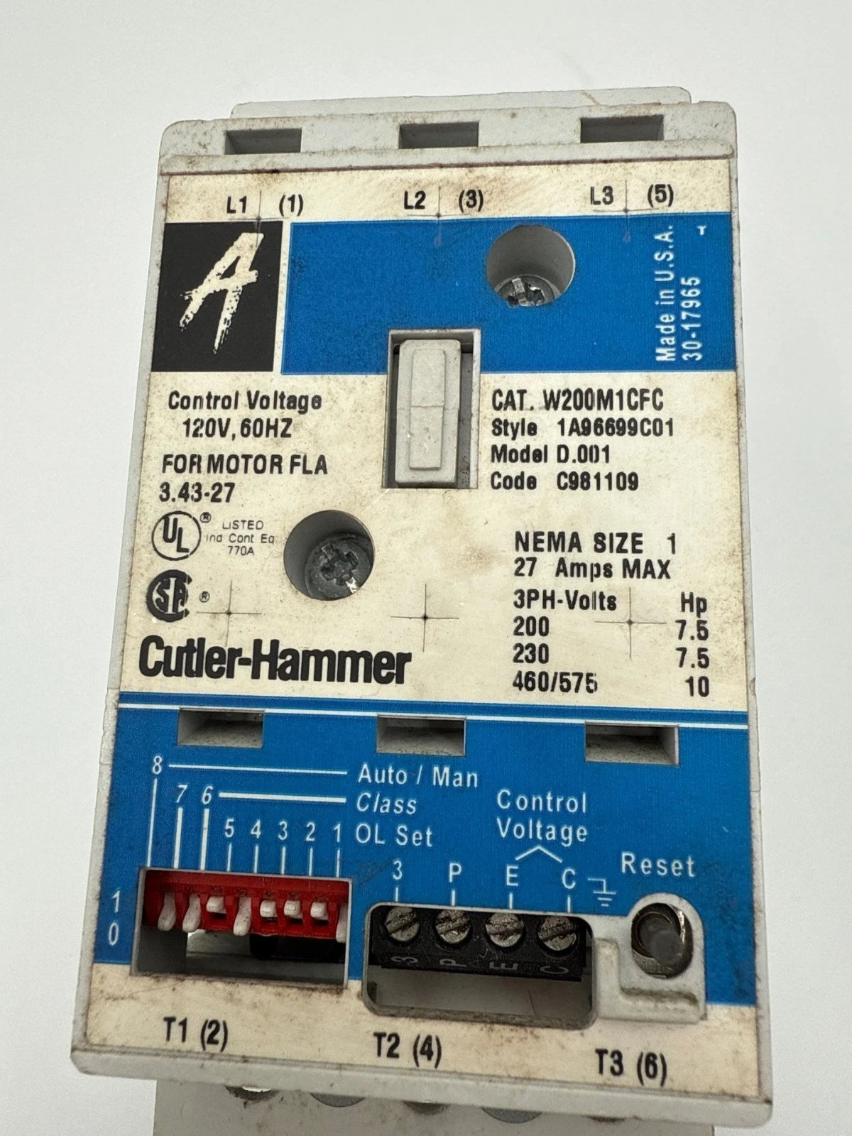 Cutler Hammer W200M1CFC Motor Starter NEMA Size 1 Control 120V 27A 3P 600V 10HP Used