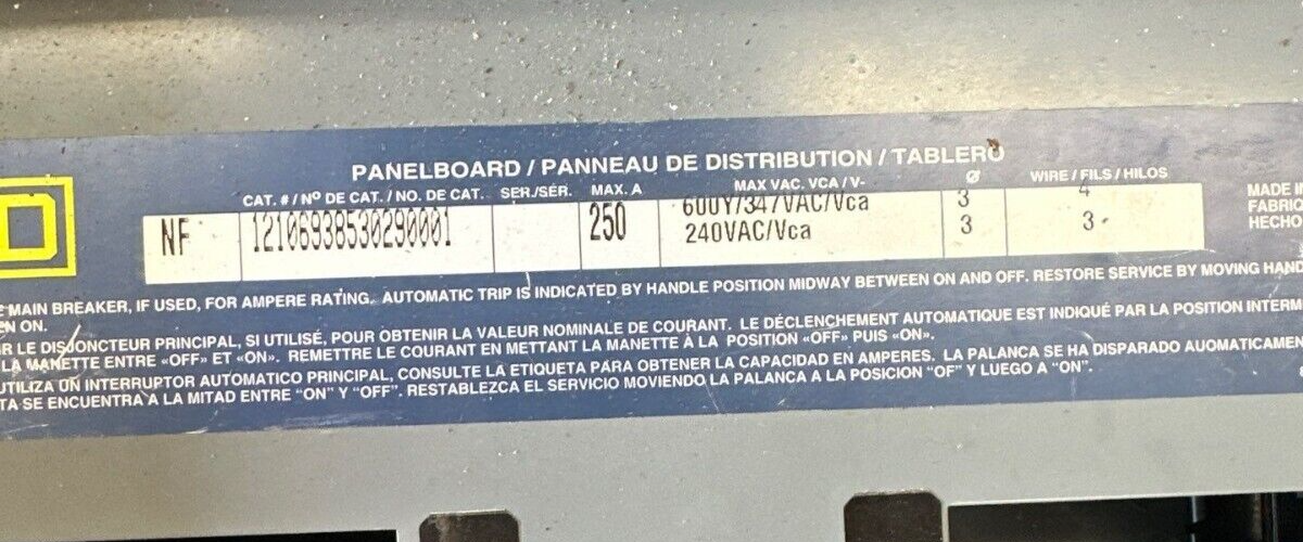 Square D NF Panelboard 250A 600Y/347V 240V 3PH 4W 42 Circuit Box MH44 250 Amp P408 Used