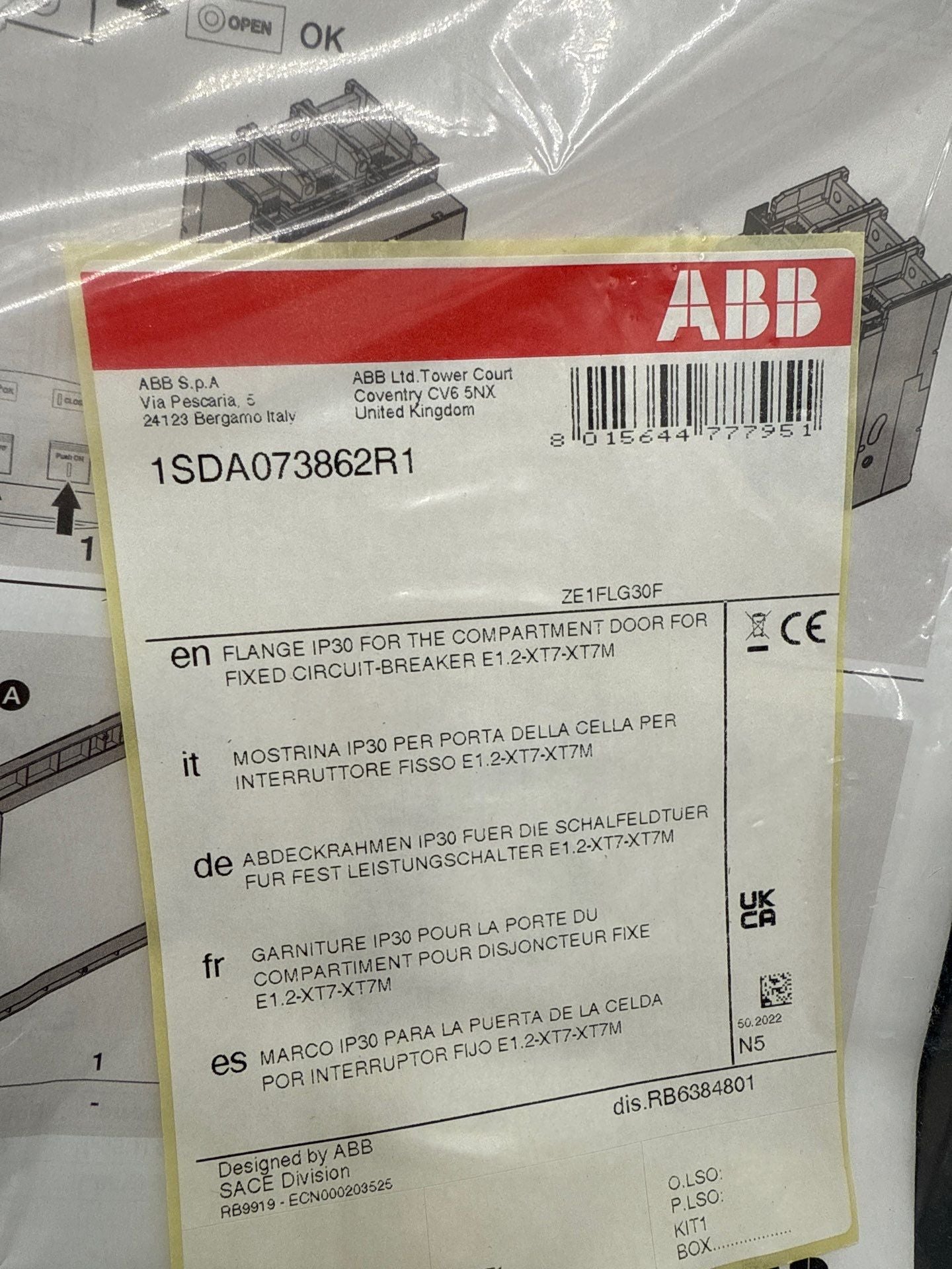 ABB 1SDA073862R1 Compartment Door Flange for Fixed Circuit Breaker XT7 XT7M New