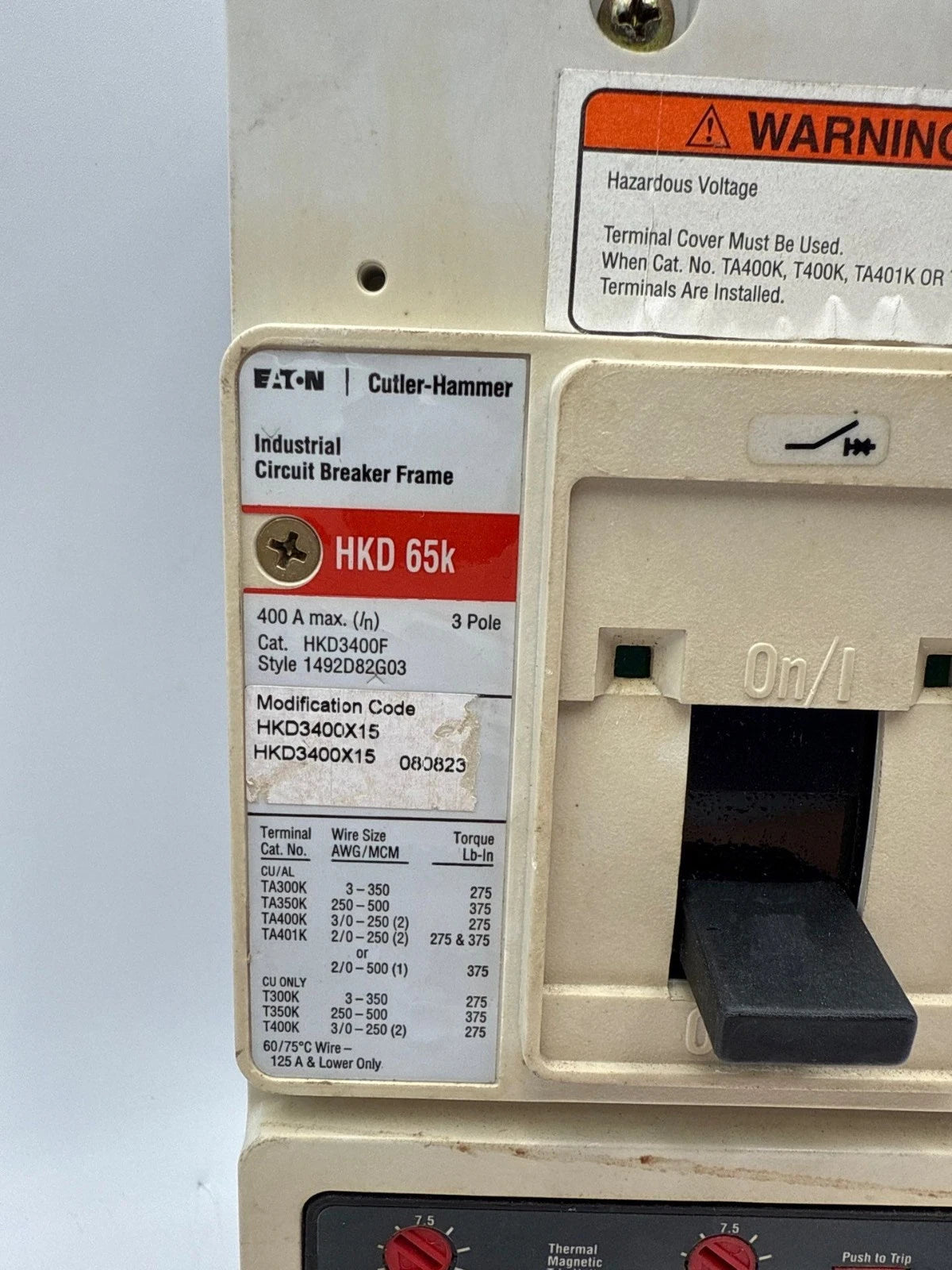 Eaton HKD3400X15 Circuit Breaker 400A 3P 600V 3PH HKD 65k 400 Amp 3 Pole Used