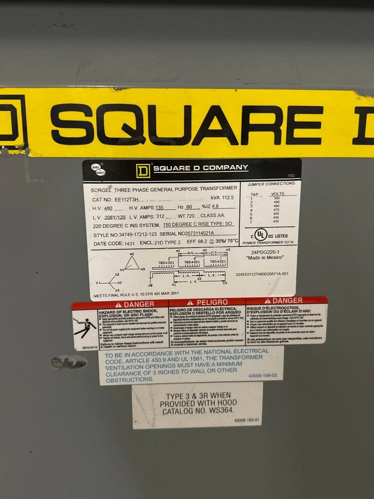 112.5KVA Square D EE112T3H Transformer Pri 480V Sec 208Y/120V 3PH Indoor T279 Used