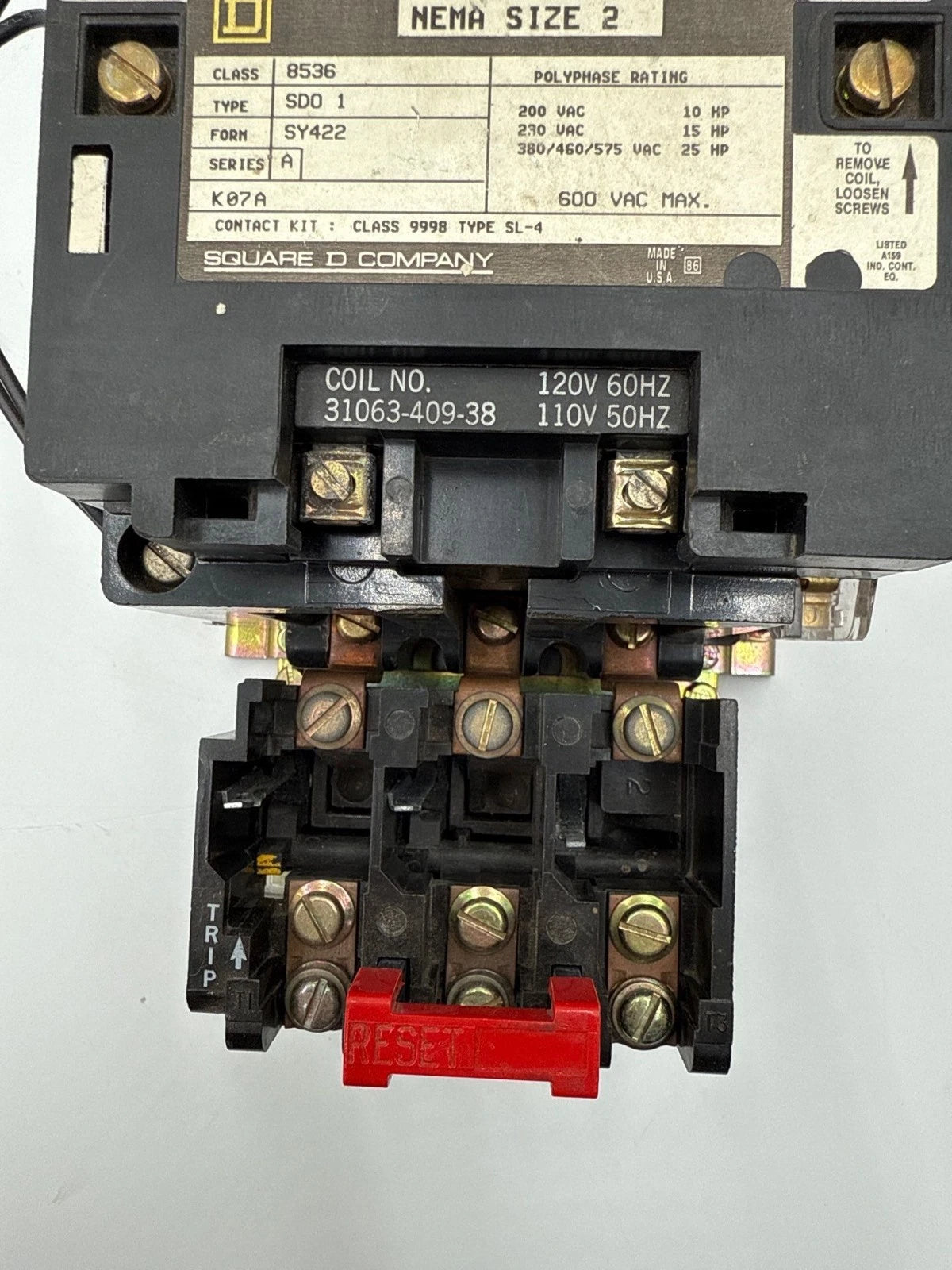 Square D 8536SD01 Starter NEMA Size 2 3P 600V 3PH 25HP Coil 110/120V 8536SDO1 Used