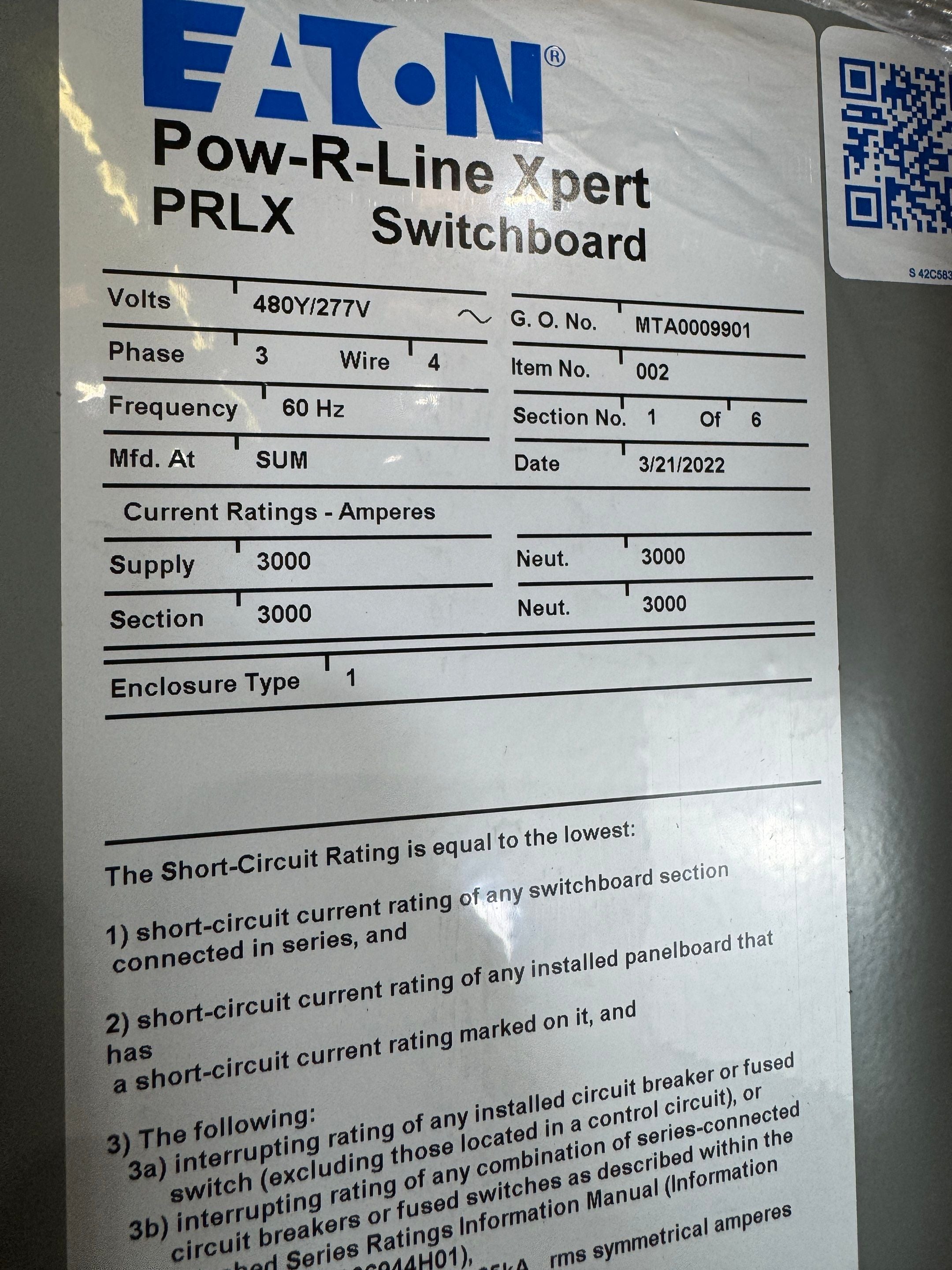 Eaton 3000A PRLX Switchboard 480/277V 3PH 4W 1600A Feeder 2 Distribution New