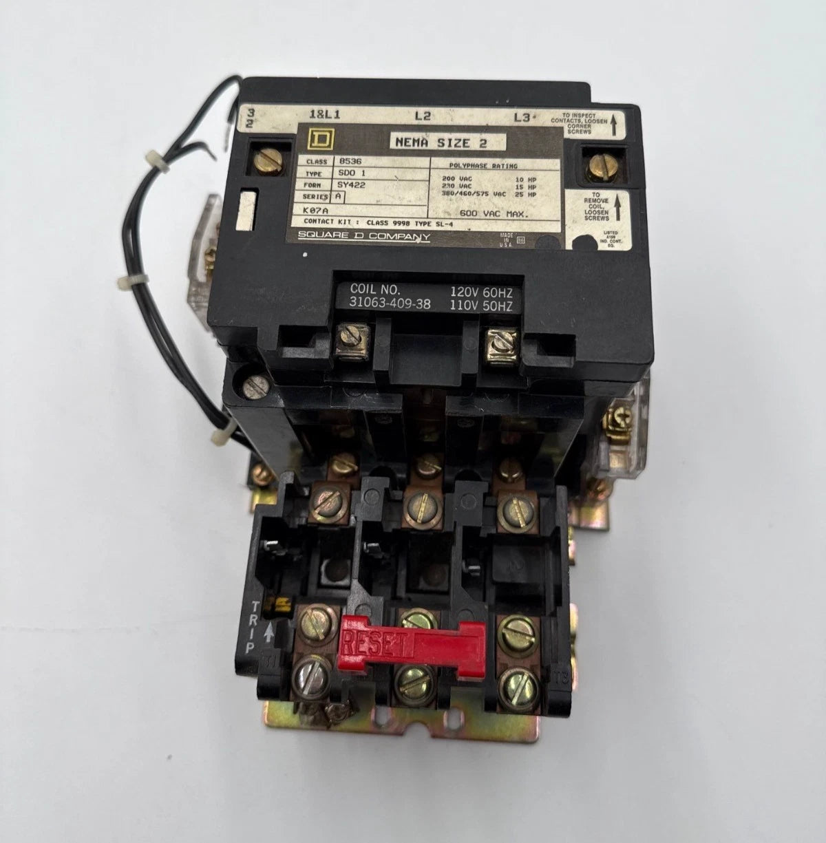 Square D 8536SD01 Starter NEMA Size 2 3P 600V 3PH 25HP Coil 110/120V 8536SDO1 Used