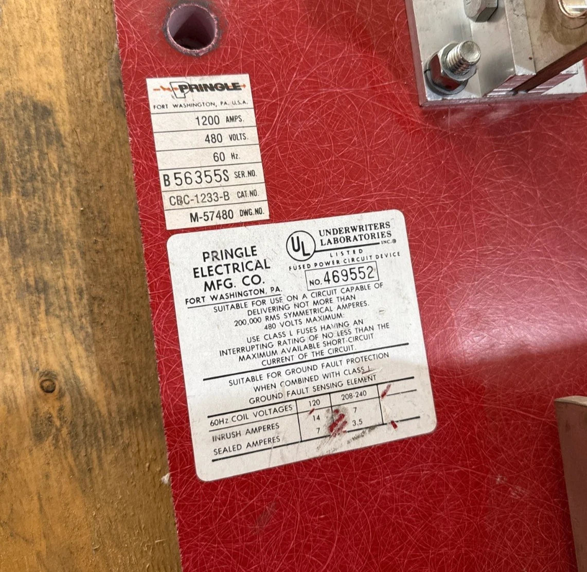 Pringle CBC-1233-B Bolted Pressure Switch 1200A 480V 3P 60Hz 1200 Amp 3 Pole Used