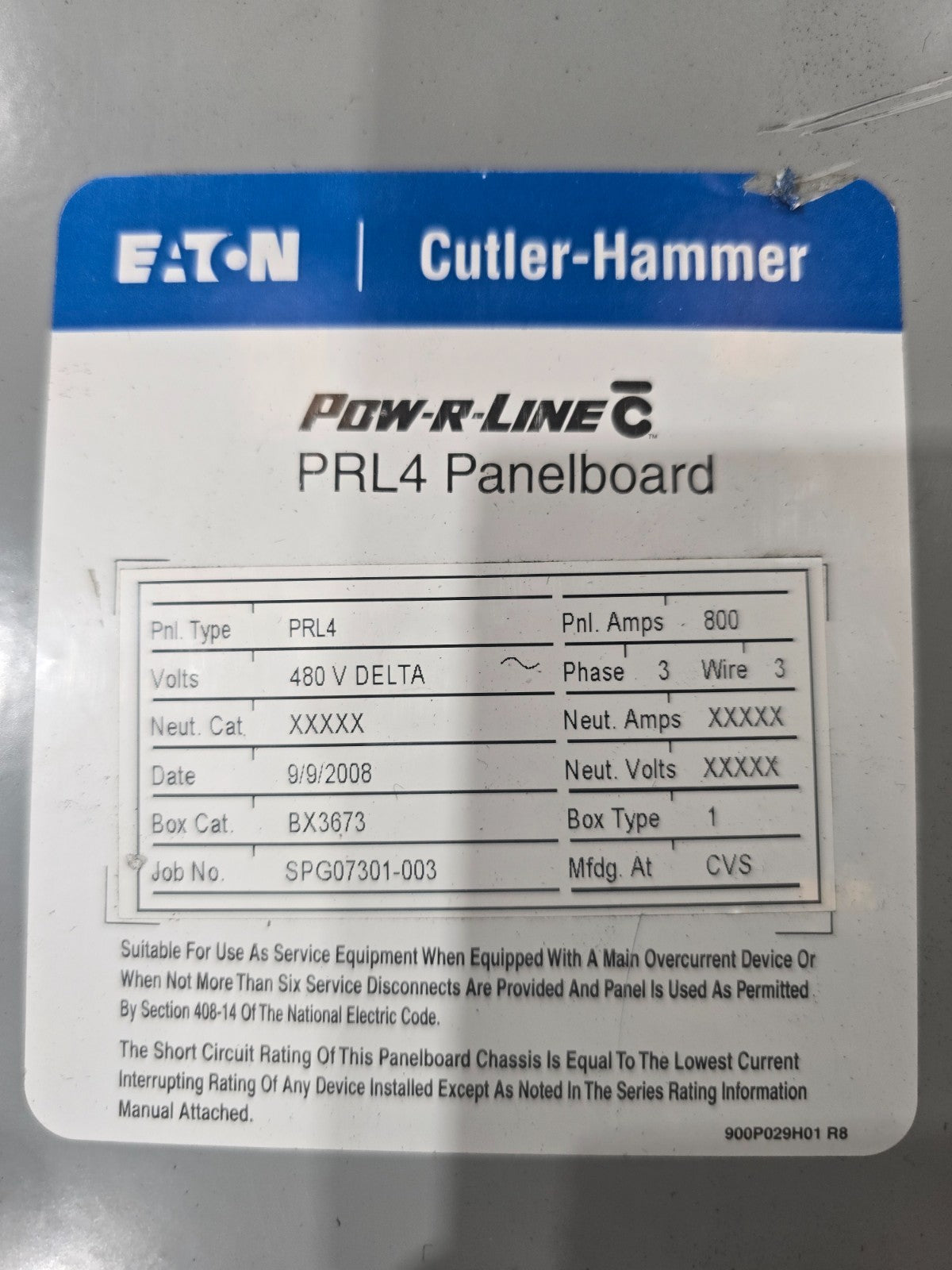 Eaton PRL4 Panelboard 800A 480V 3PH 3W MCB Panel 800 Amp HMDL3800 Indoor BX3673 Used