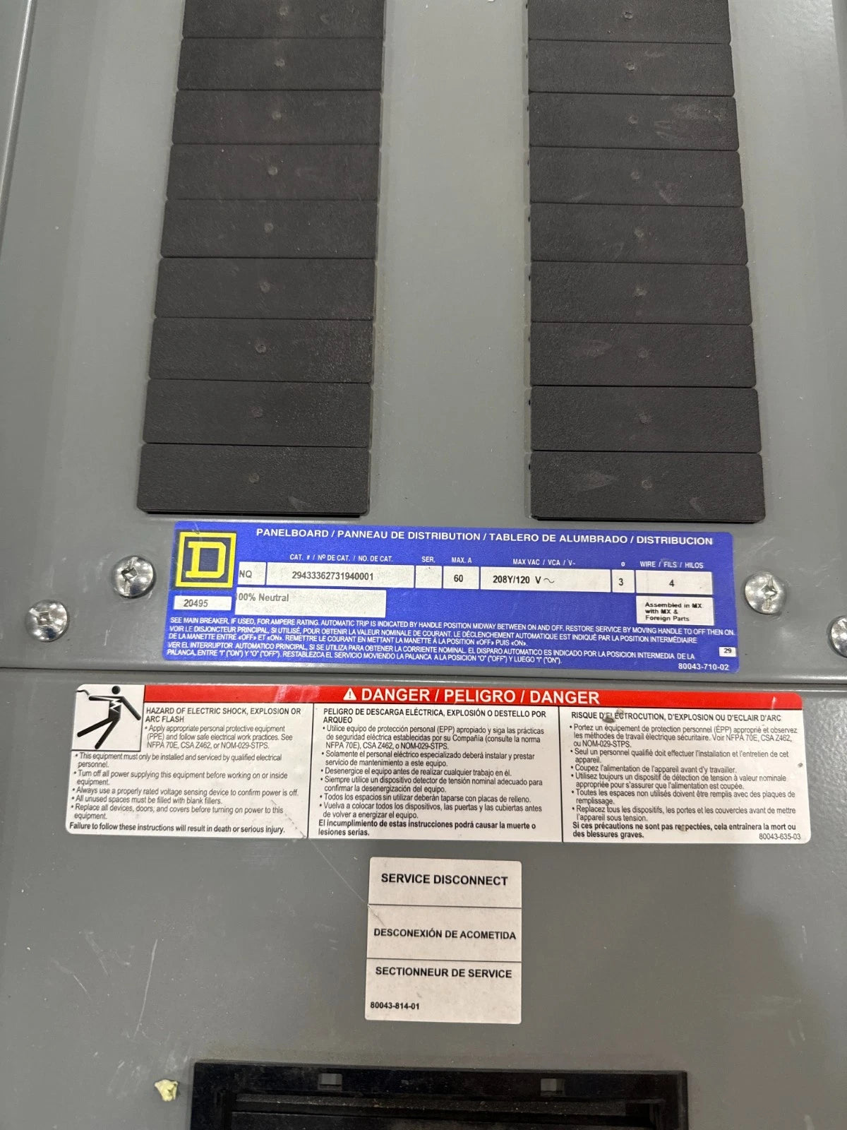 Square D NQ Panelboard 60A 208/120V 3PH 4W MCB Panel 60 Amp 30 Cir HDP36060 Used